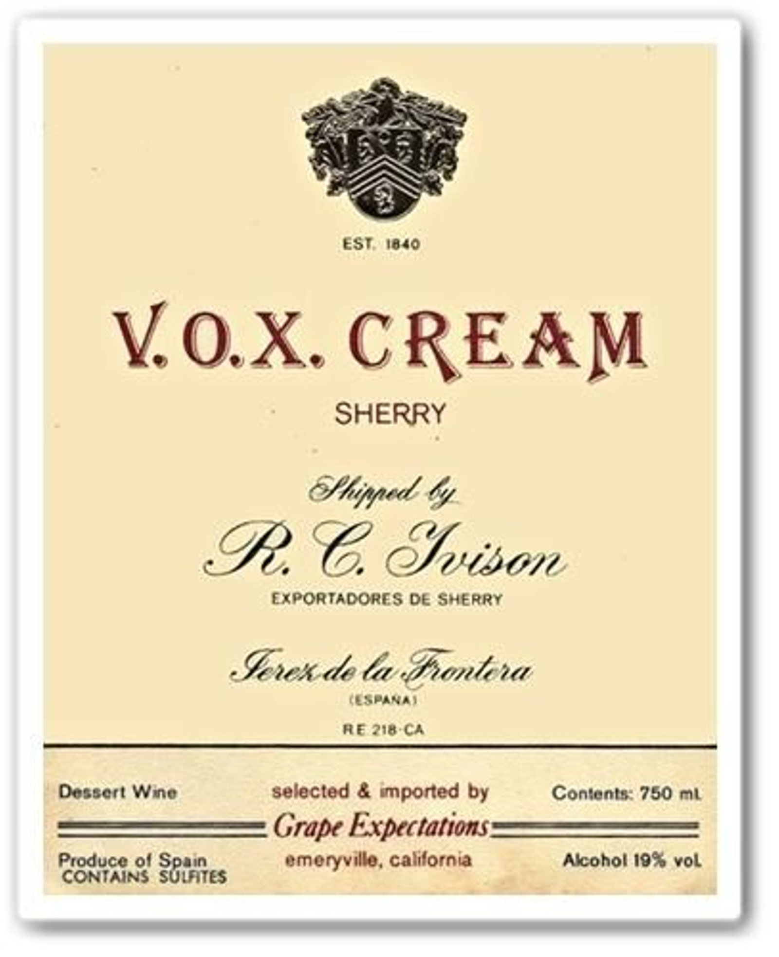 Etiqueta de VOX Cream de R.C. Ivison con el nombre de un importador de California.