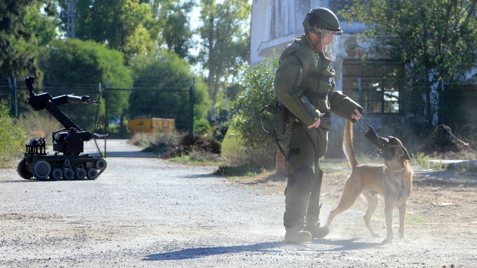Un guía con equipamiento de protección junto a su perro en un ejercicio de detección de explosivos. Un guía con equipamiento de protección junto a su perro en un ejercicio de detección de explosivos.