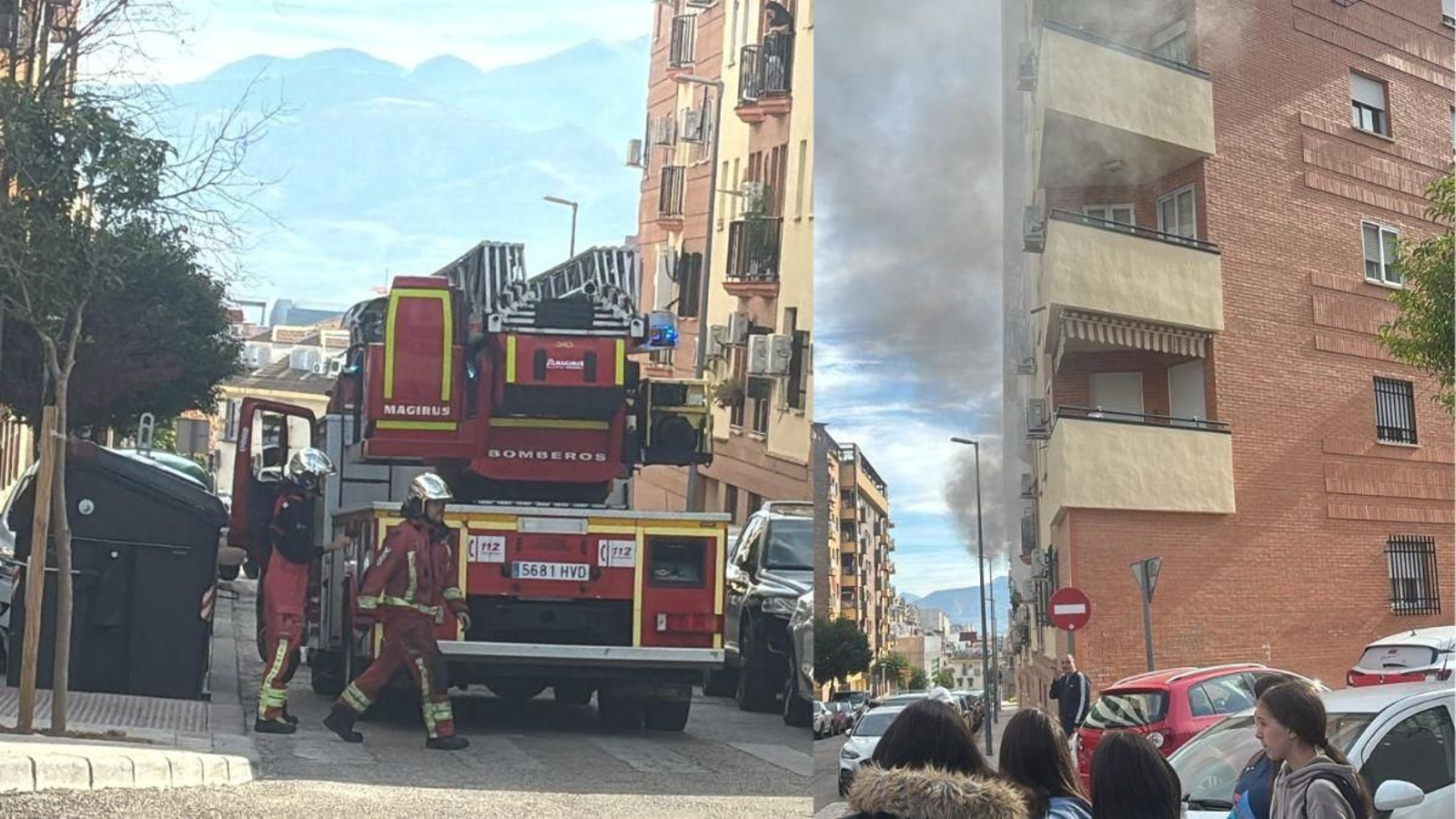 A la izquierda, agentes del cuerpo de bomberos en las puertas de la vivienda. A la derecha, columna de humo visible desde la calle.