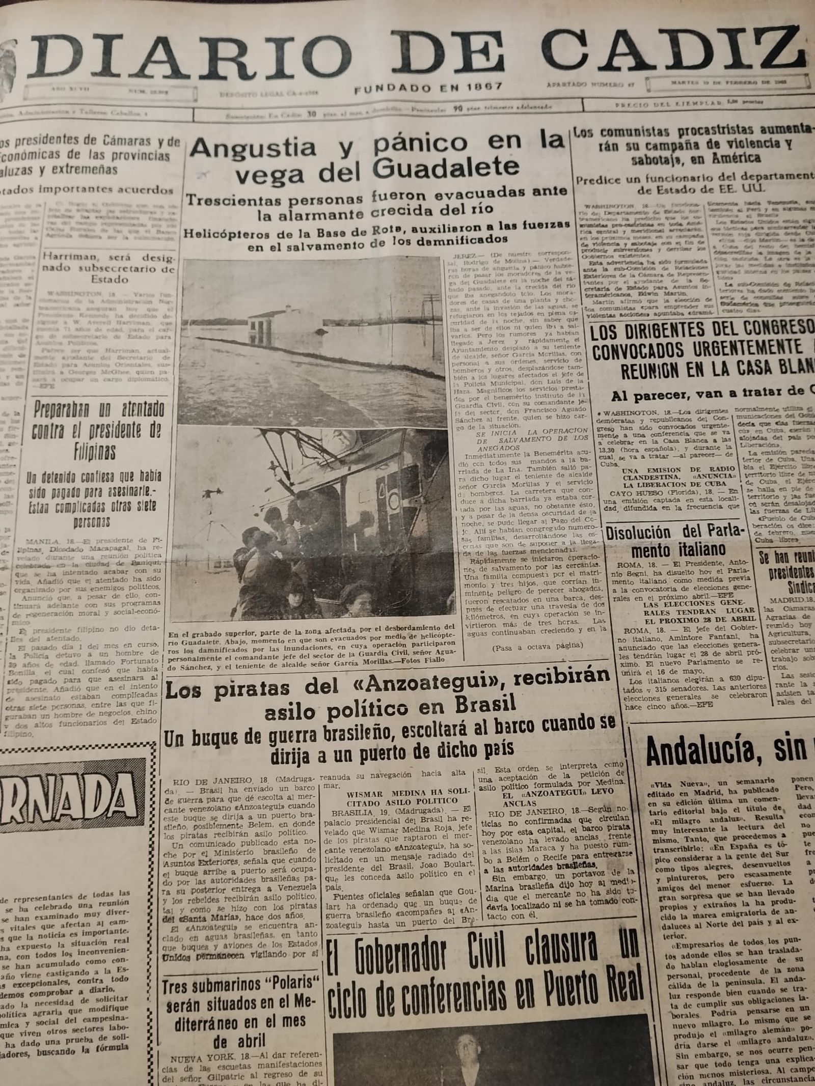 Portada de 'Diario de Cádiz' del 19 de febrero de 1963.