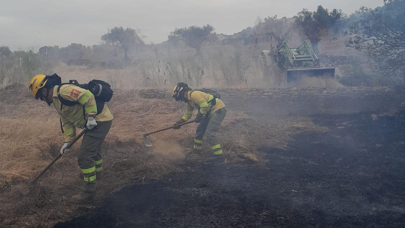 Bomberos trabajando para controlar el incendio forestal de Encinasola.