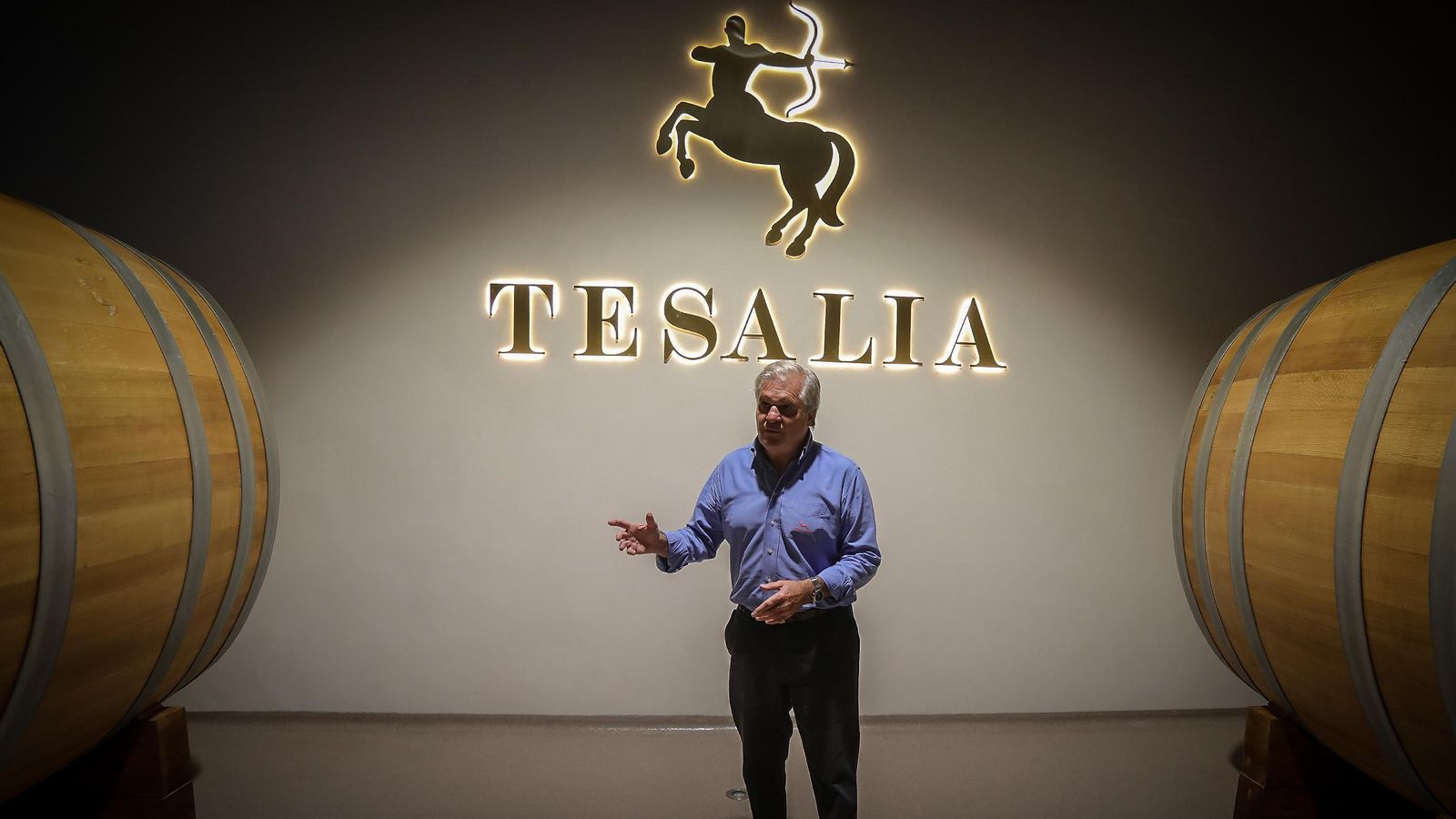 El empresario bajo el logo de la bodega en la sala en la que descansan sus vinos antes de salir al mercado. El empresario bajo el logo de la bodega en la sala en la que descansan sus vinos antes de salir al mercado.