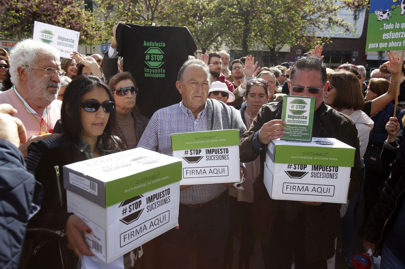 Miembros de  la  plataforma "Stop  Impuesto  de  Sucesiones " durante la  manifestación llevada a cabo a las  puertas del Parlamento andaluz