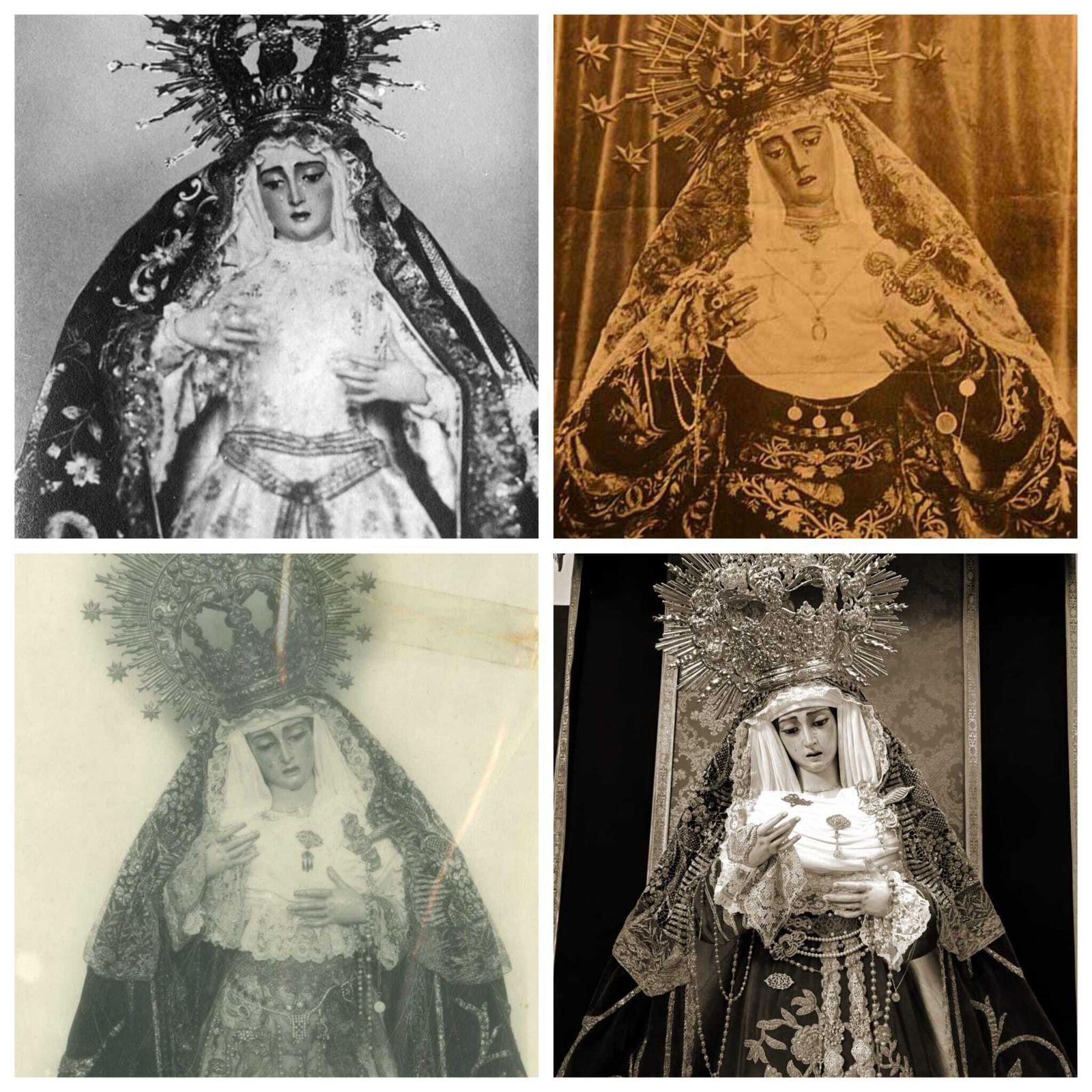 Arriba, la Virgen del Buen Fin de la Lanzada y la antigua dolorosa de San Roque, de Astorga. Abajo, la Virgen de los Dolores