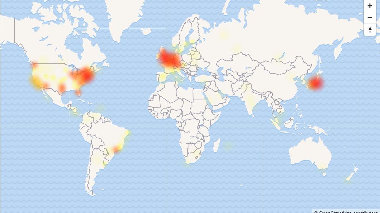 Mapa de zonas más afectadas por la caída de Twitter.