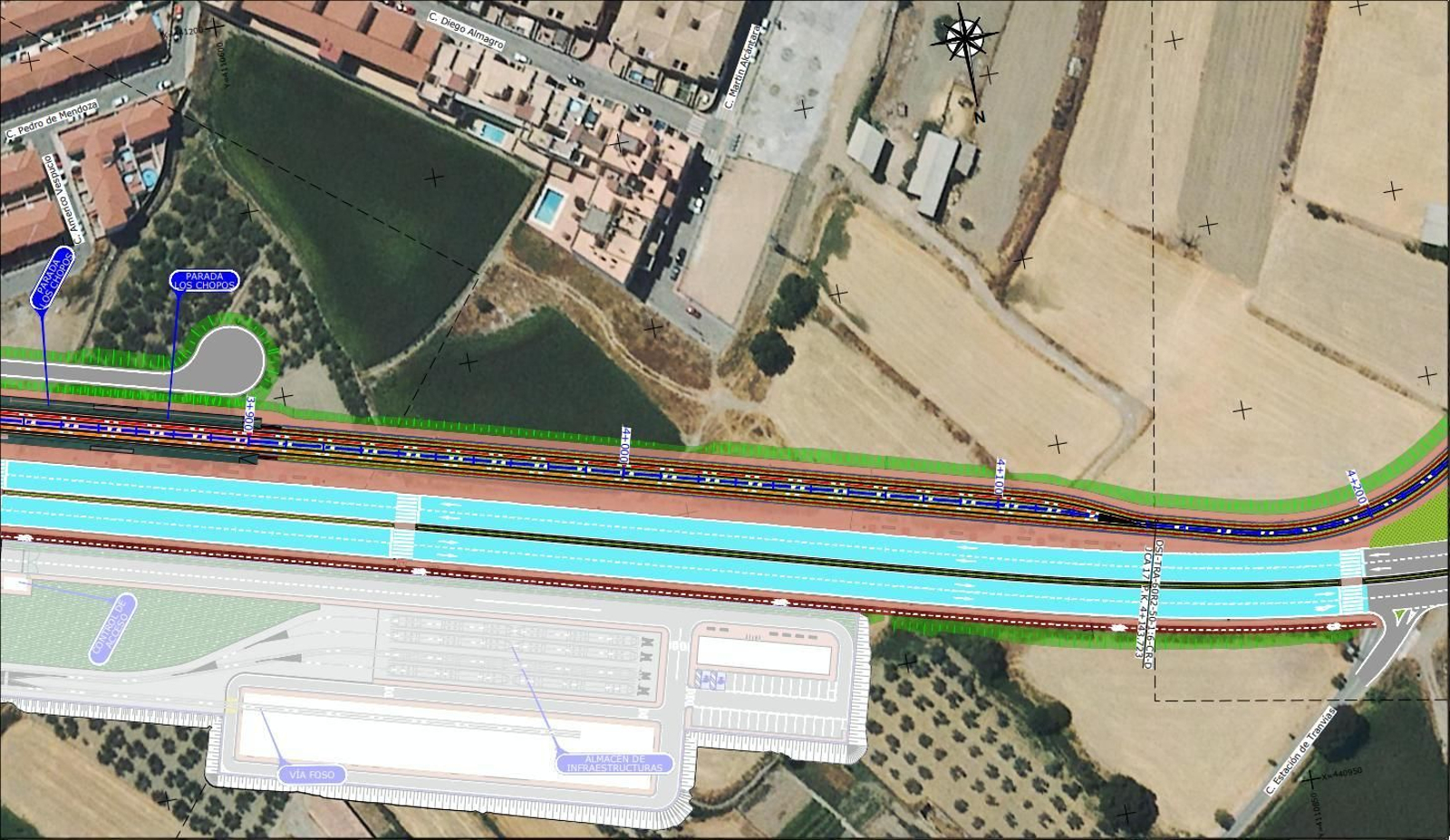 Mapa del trazado definitivo de la ampliación Sur del Metro de Granada por Armilla, Churriana y Las Gabias