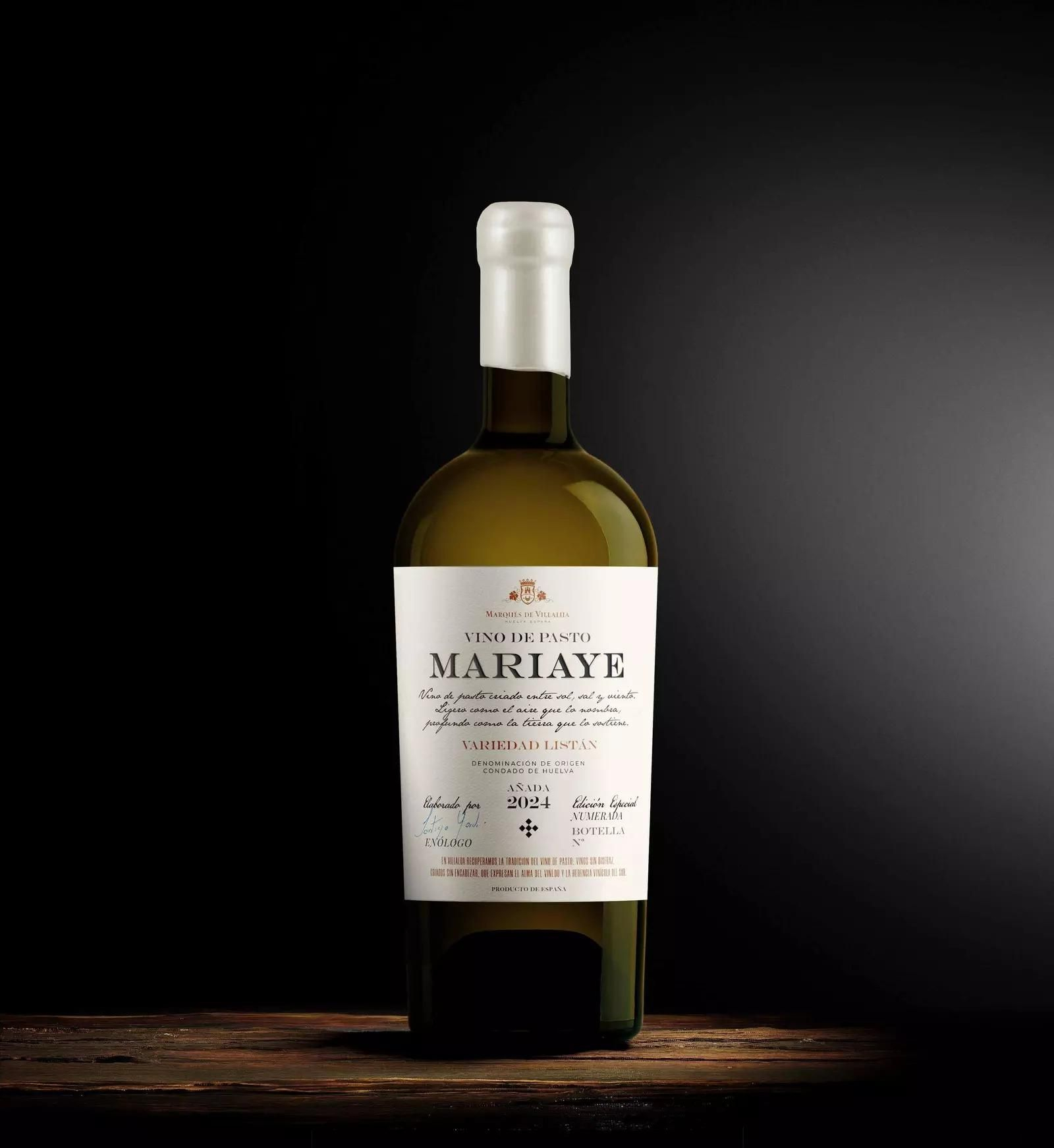 Botella de Mariaye, el primer 'vino de pasto' del Condado de Huelva elaborado por el enólogo jerezano Santiago Jordi.