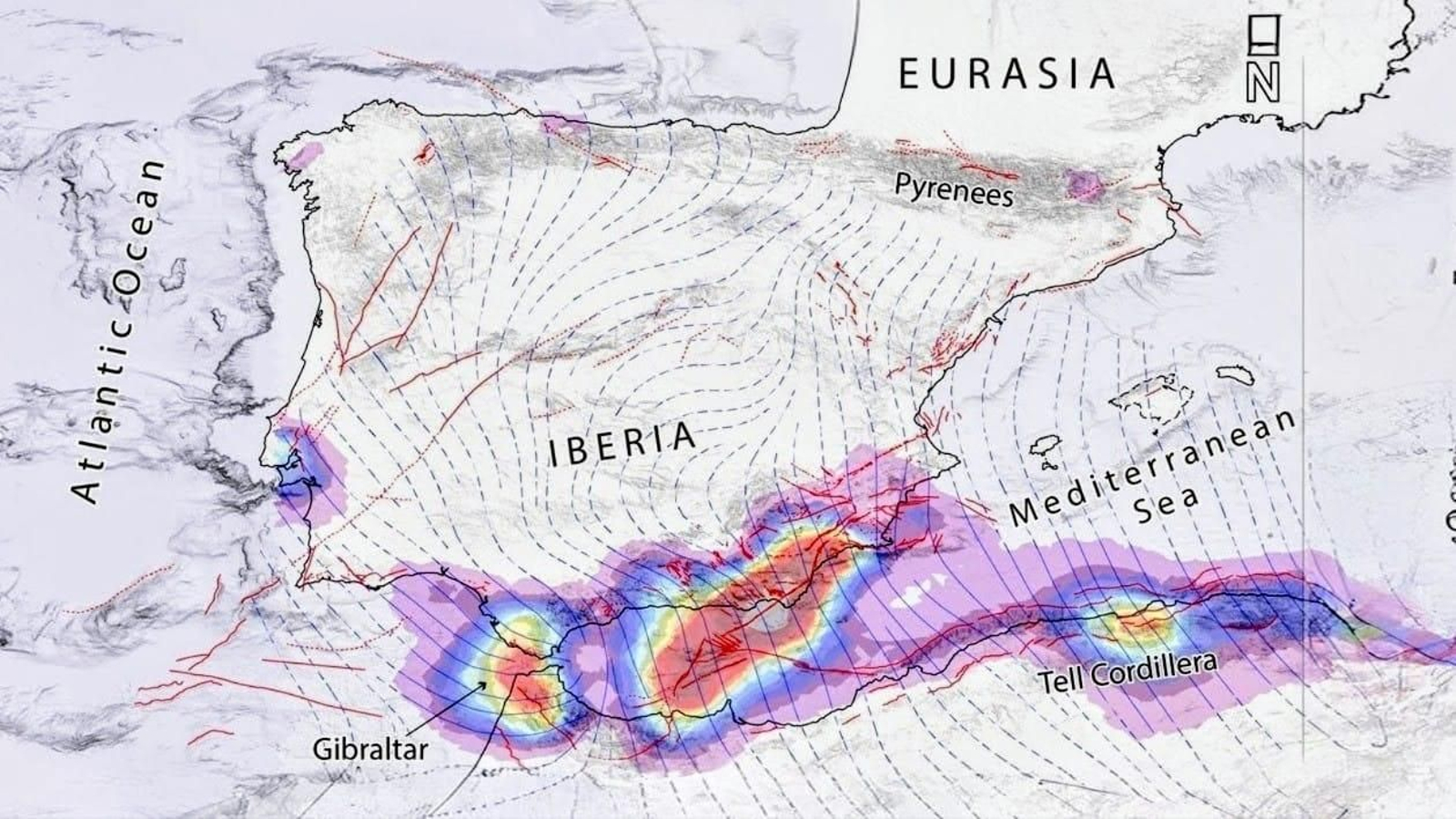 Mapa de deformación activa en la frontera entre las placas africana y eurásica, elaborado a partir de datos sísmicos y satelitales.