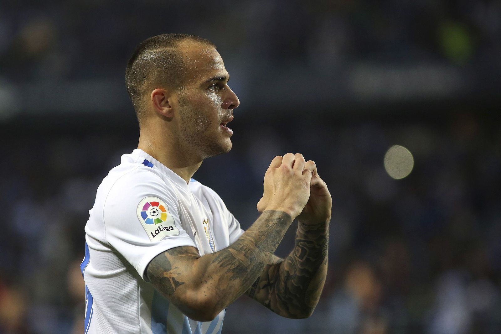 Sandro Ramírez celebra un gol con el Málaga CF.