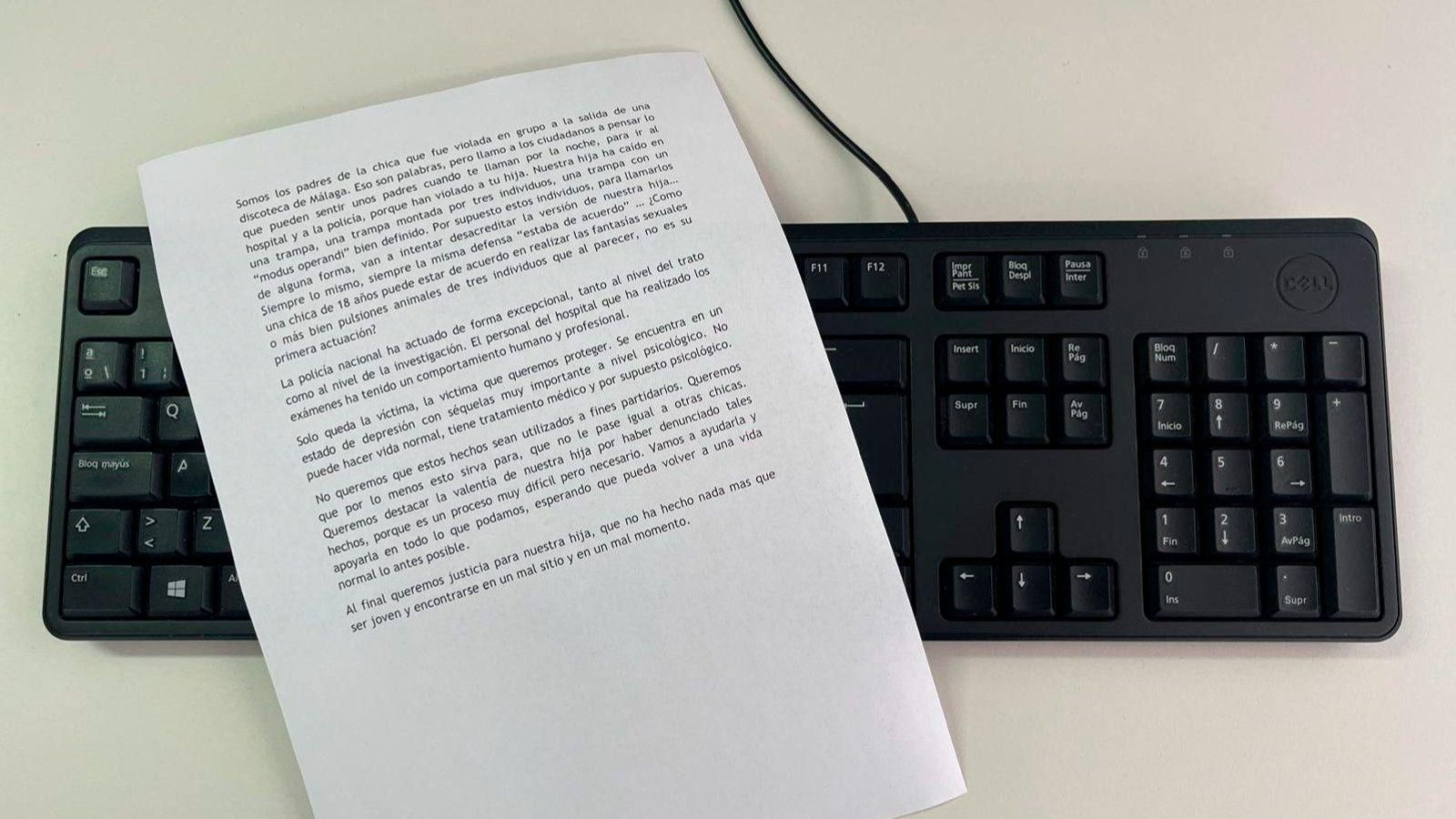 Carta escrita por los padres de la joven que fue violada a la salida de una discoteca en Málaga