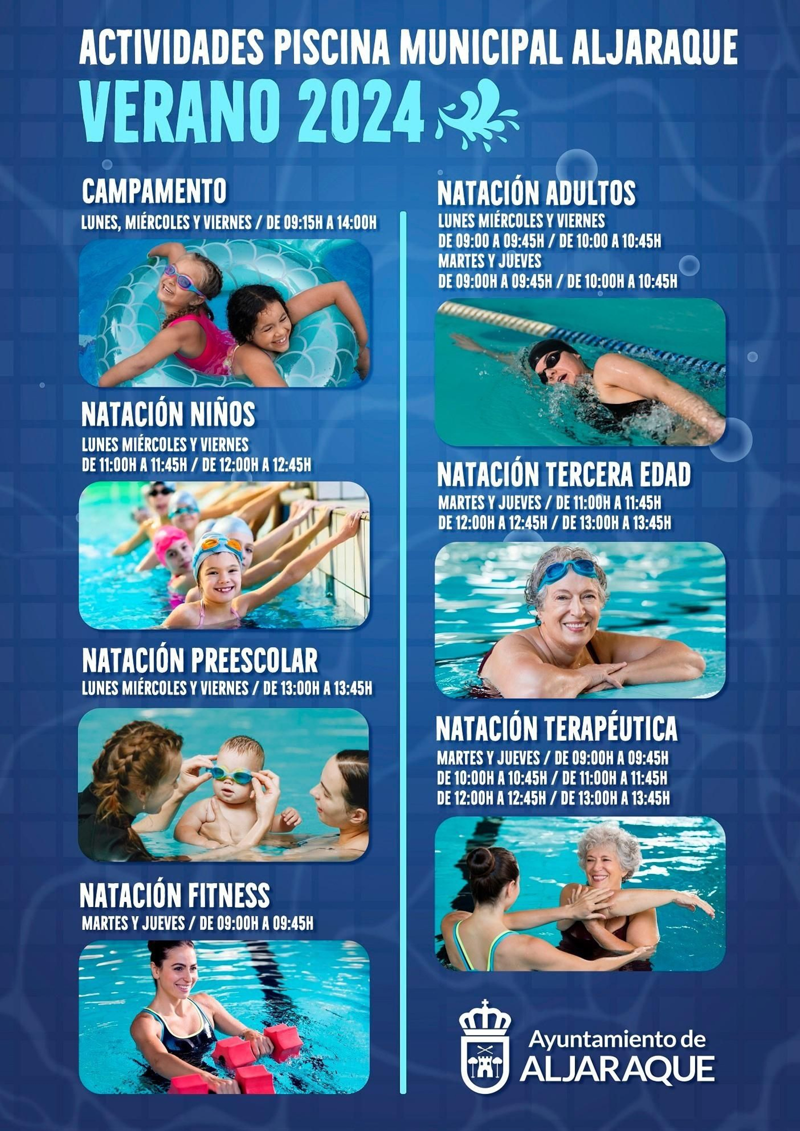 Cartel de las actividades de este verano de la piscina municipal de Aljaraque.