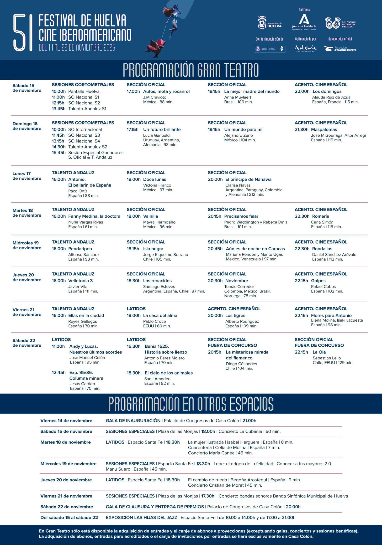 Programación del Festival de Huelca de Cine Iberoamericano.