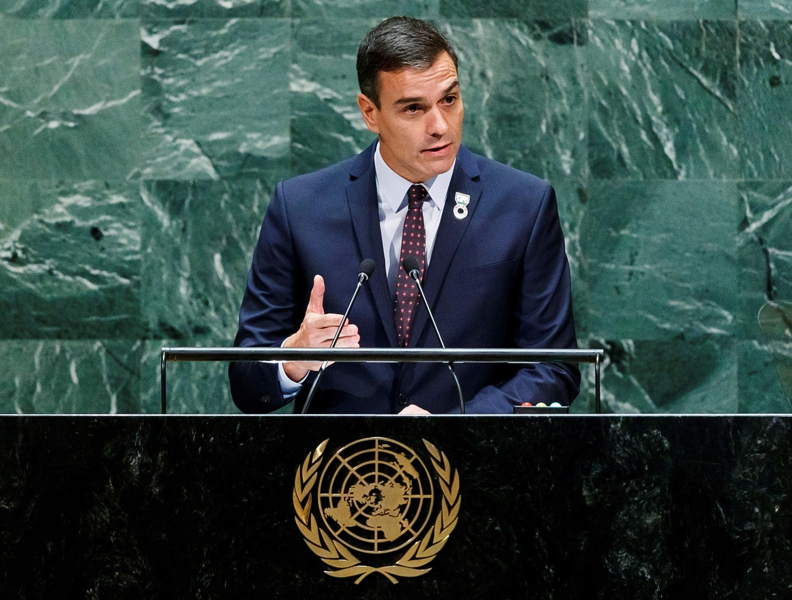 El presidente del Gobierno, Pedro Sánchez, interviene en la Asamblea General de la ONU de 2019, en Nueva York.