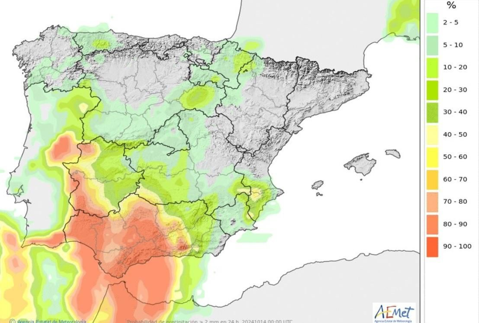Probabilidad de precipitaciones para este domingo según la Aemet.