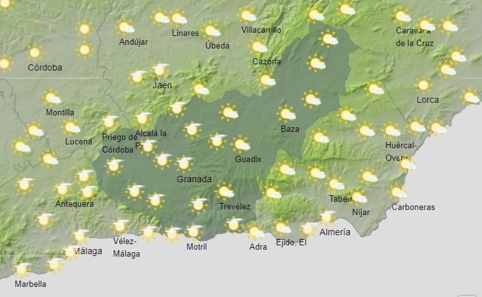 Mapa de previsión de AEMET para el lunes 16 de mayo en la provincia de Granada