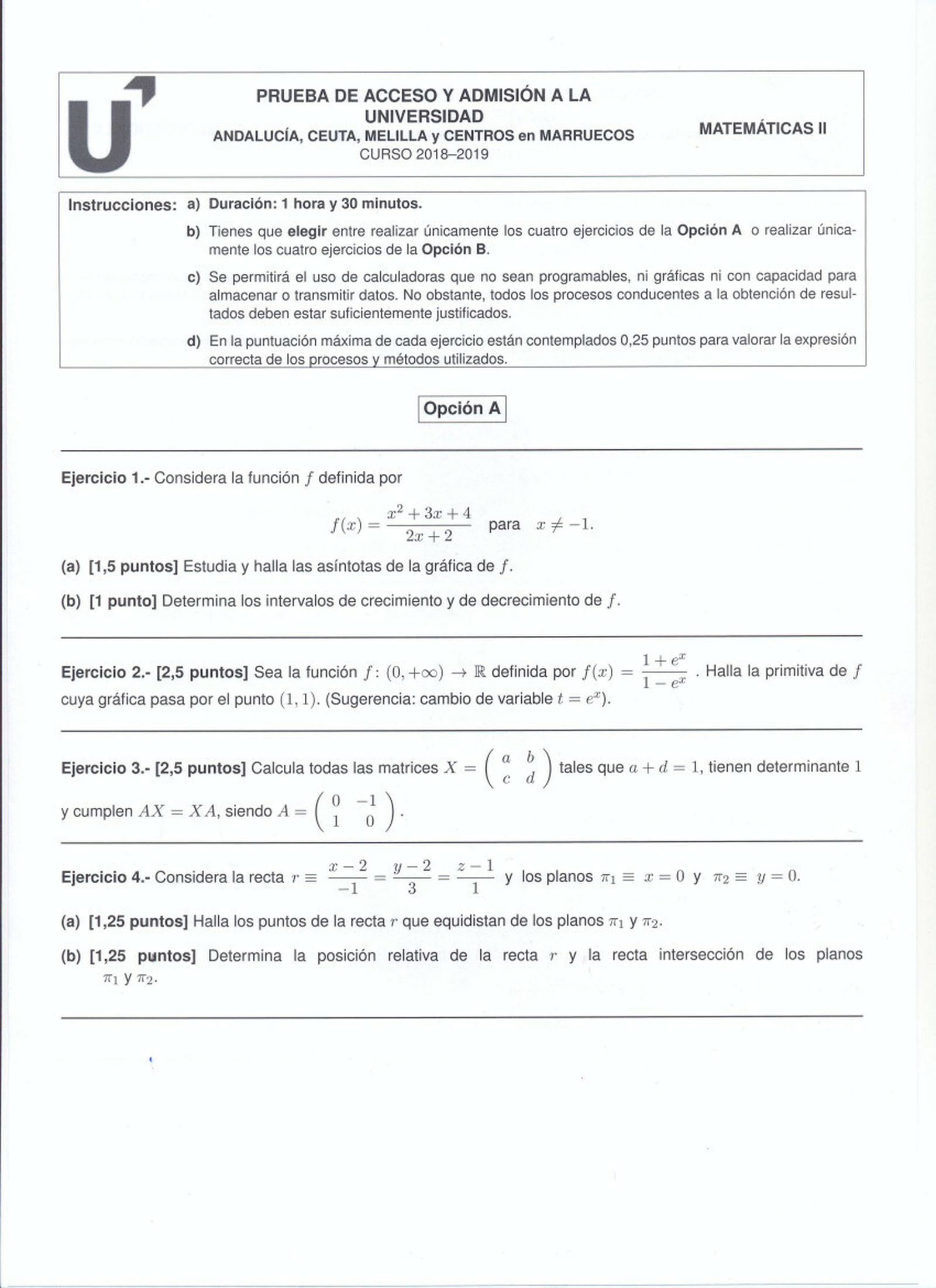 Examen de Matemáticas II (A)