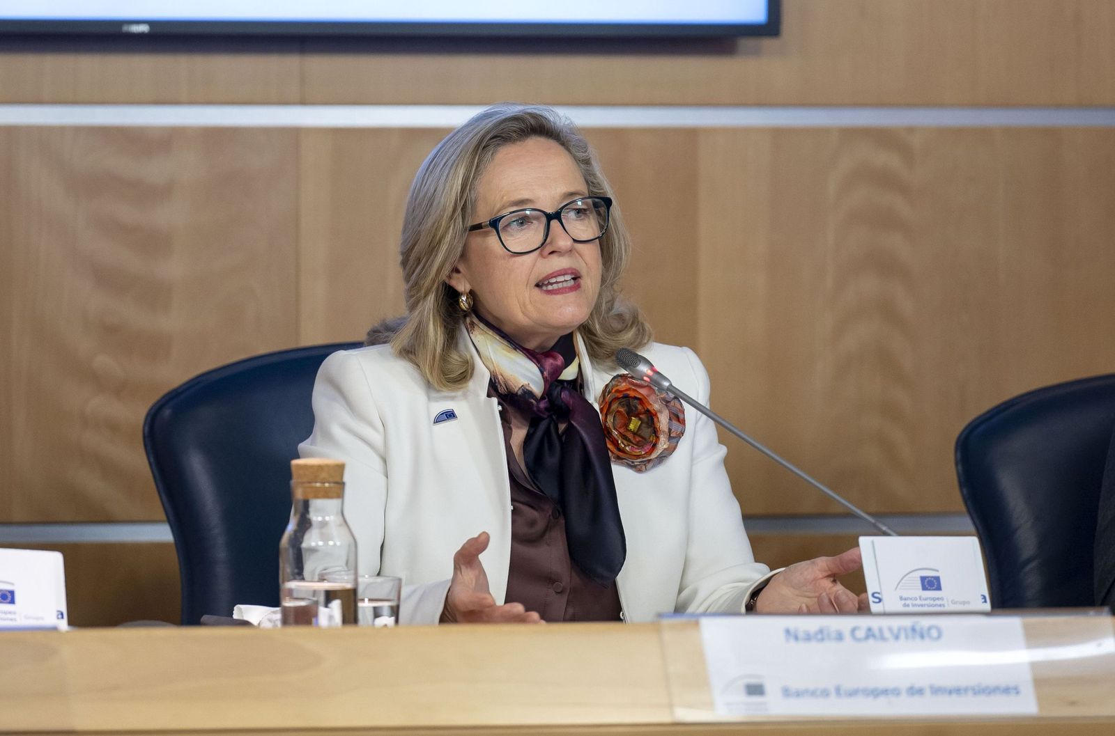 La presidenta del BEI, Nadia Calviño, en la presentación de la actividad de la entidad en España durante 2025.