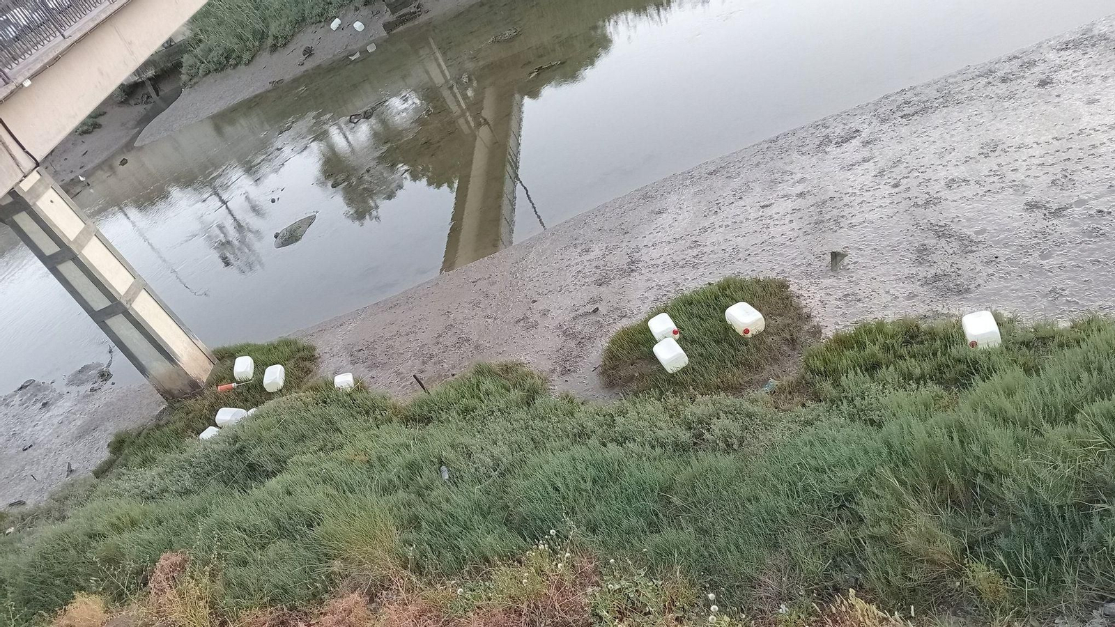 Garrafas de combustible acumuladas junto a un río gaditano. Garrafas de combustible acumuladas junto a un río gaditano.
