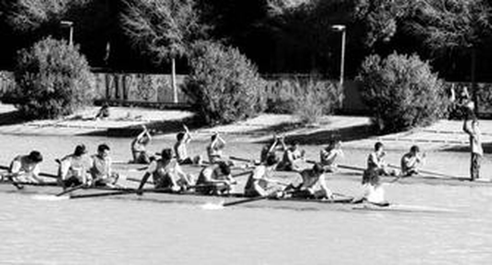 Los remeros béticos celebran su victoria a su llegada a la meta del CEAR de La Cartuja.