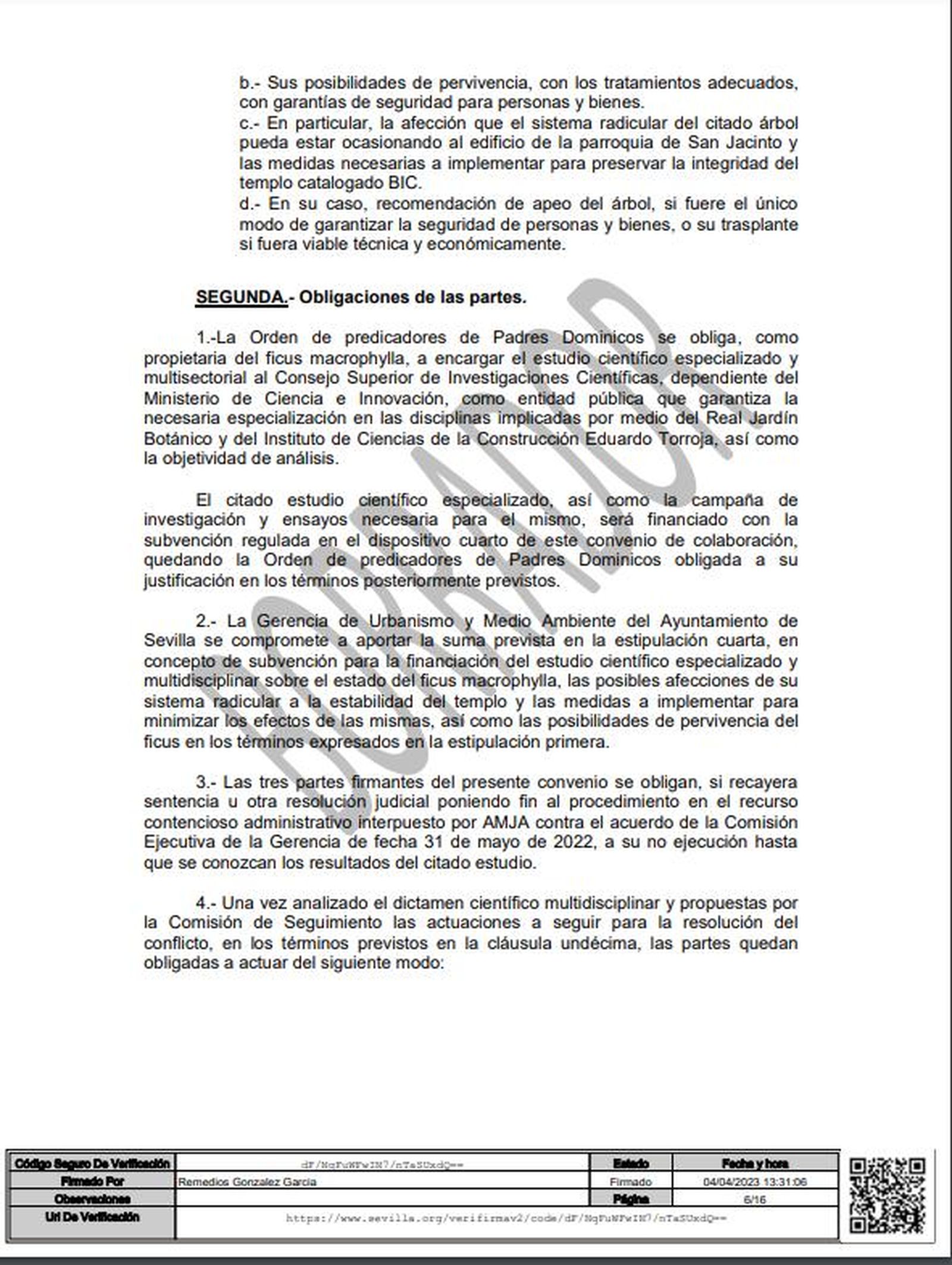 Obligaciones de las partes estipuladas en el convenio del ficus de Triana.