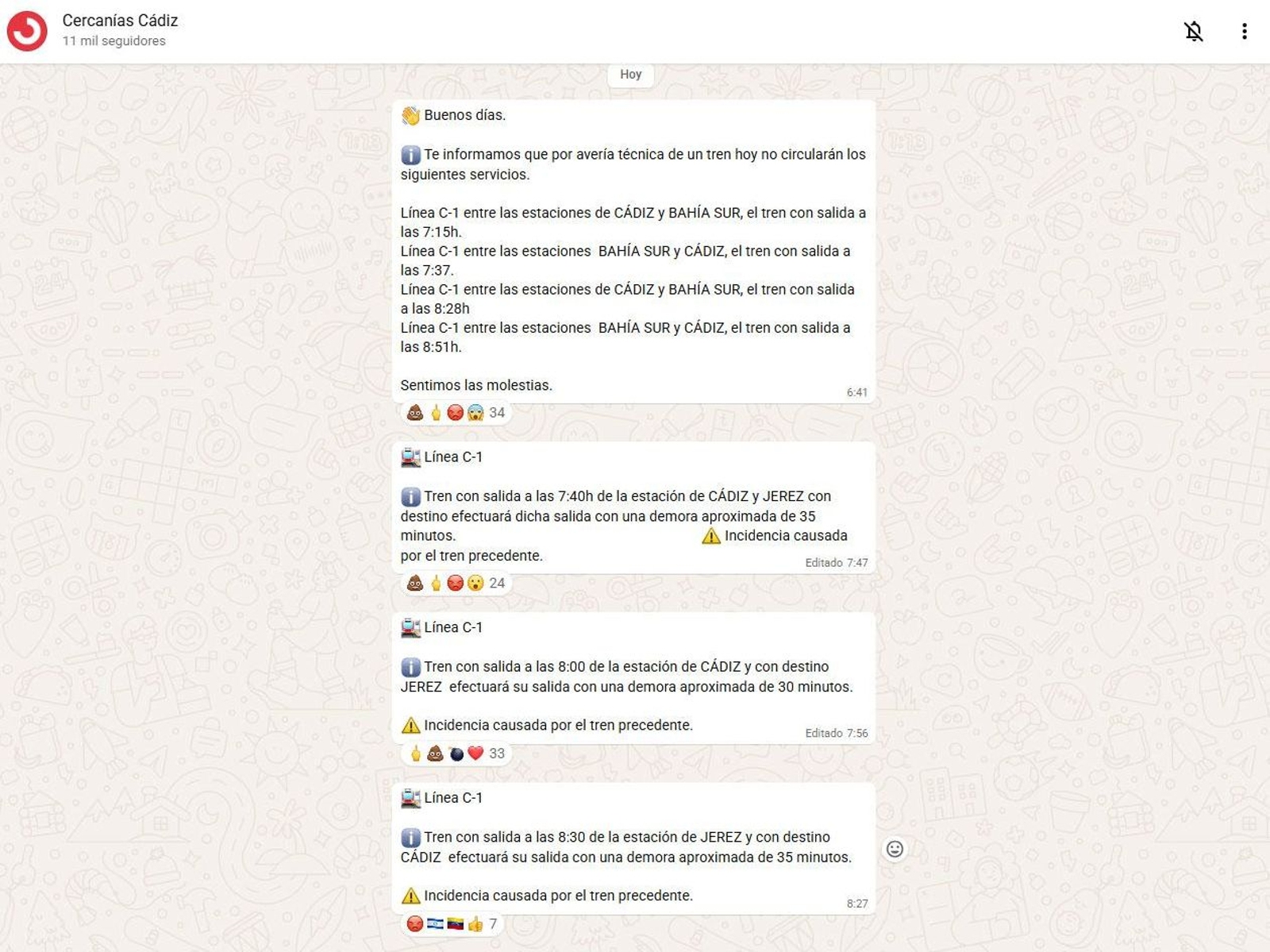 Cercanías de Cádiz, también con incidencias este miércoles.