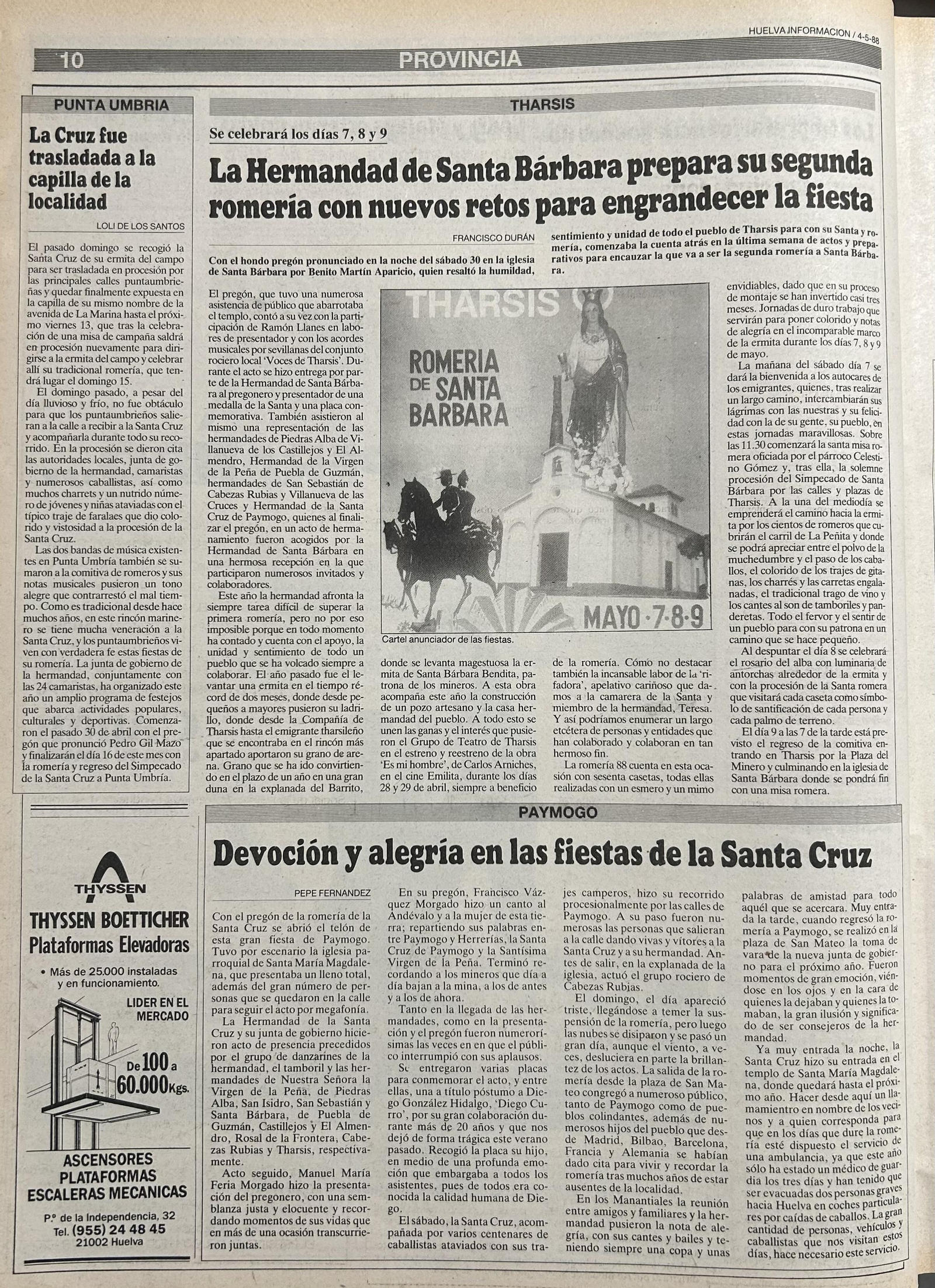 Informaciones sobre romerías de la provincia del 4 de mayo de 1988.