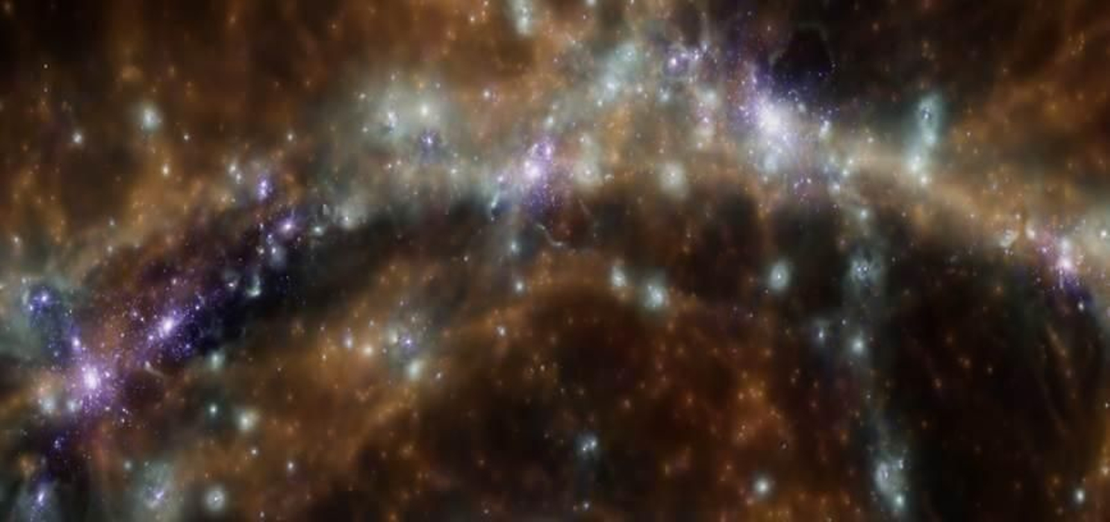 Cúmulos de galaxias incrustados en la red cósmica de materia oscura y bariónica que se cree que impregna el Universo