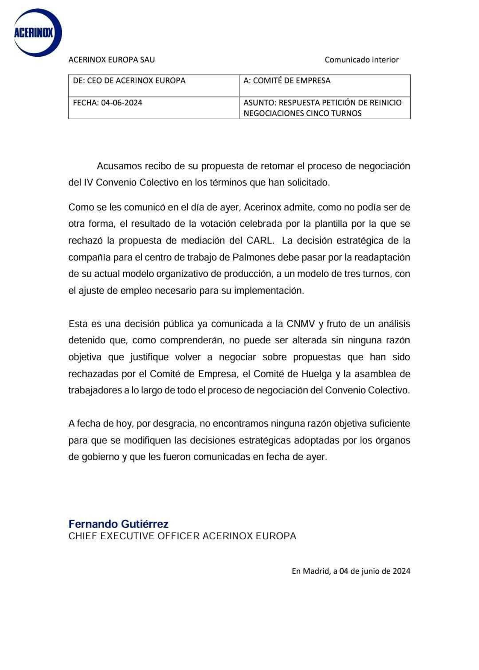 La respuesta de Acerinox al comité de empresa. La respuesta de Acerinox al comité de empresa.