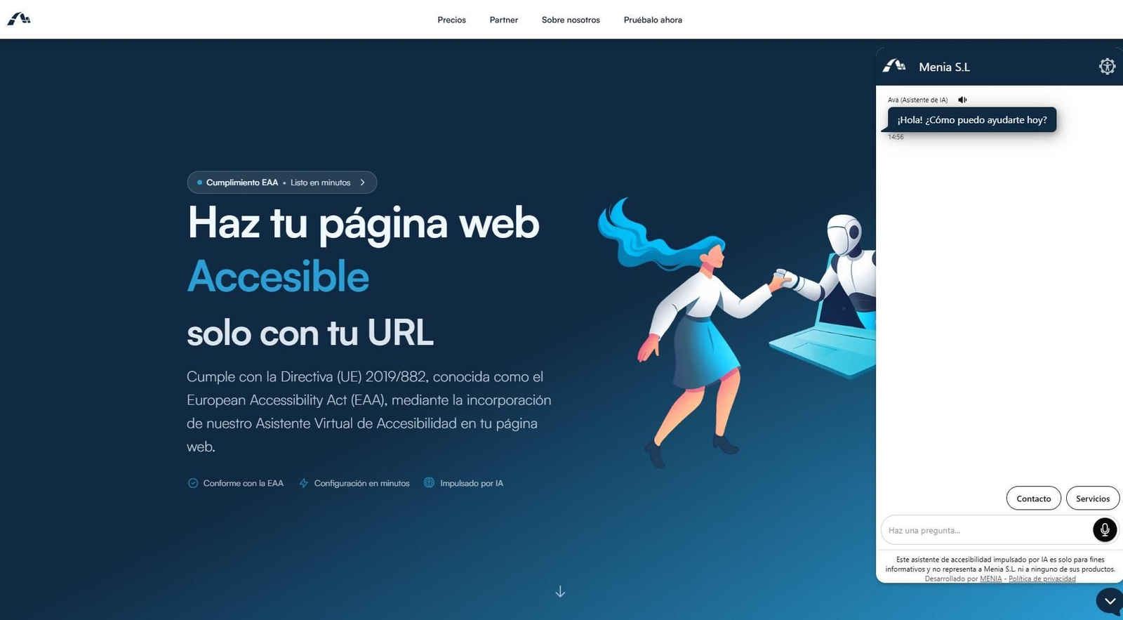 Imagen de la web de Menia con el asistente virtual AVA abierto en la parte derecha