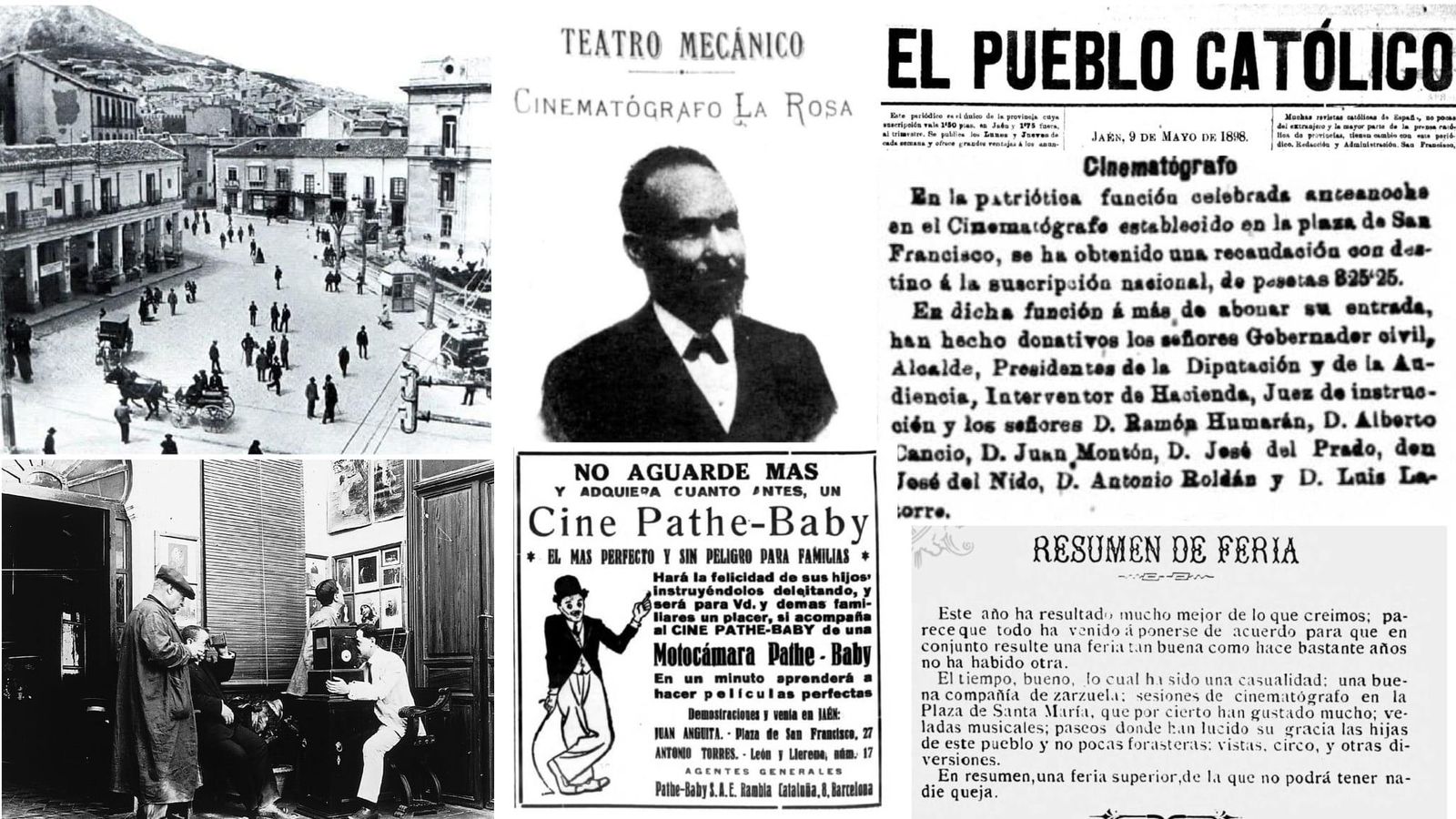 La llegada del Cinematógrafo de la Rosa a la Plaza de San Francisco, reseñada por El Pueblo Católico. A la izquierda, el doctor Eduardo Arroyo, de blanco, sujeta un estereoscopio con el que observa imágenes del Jaén de los años 20.