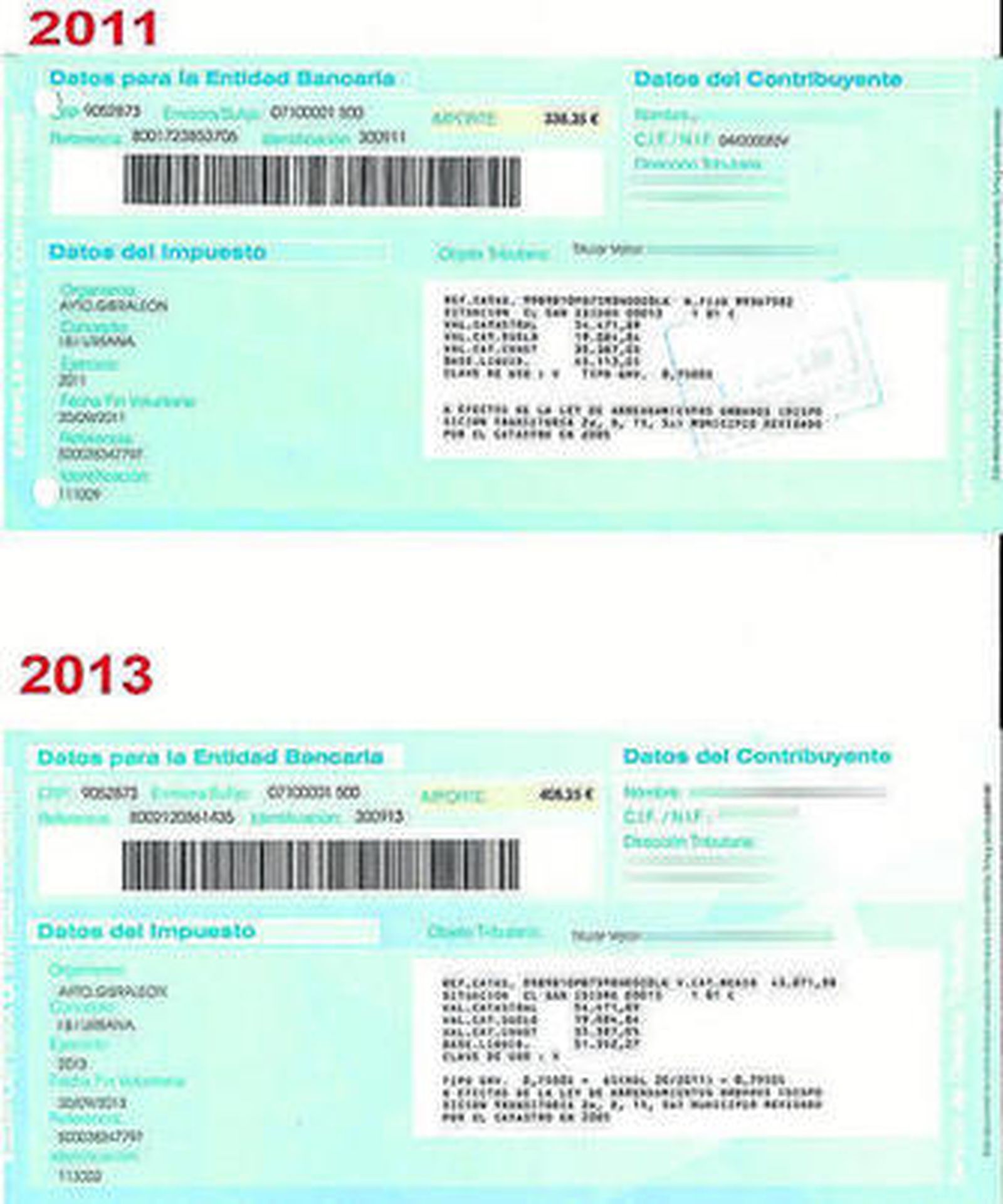 Recibos de la contribución urbana de 2011 y 2013.