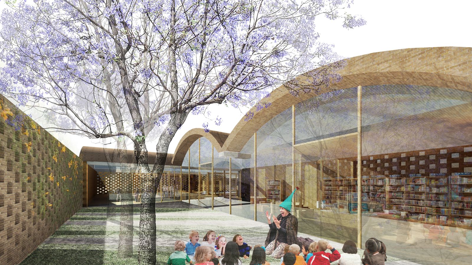 Patio interior de jacarandas.