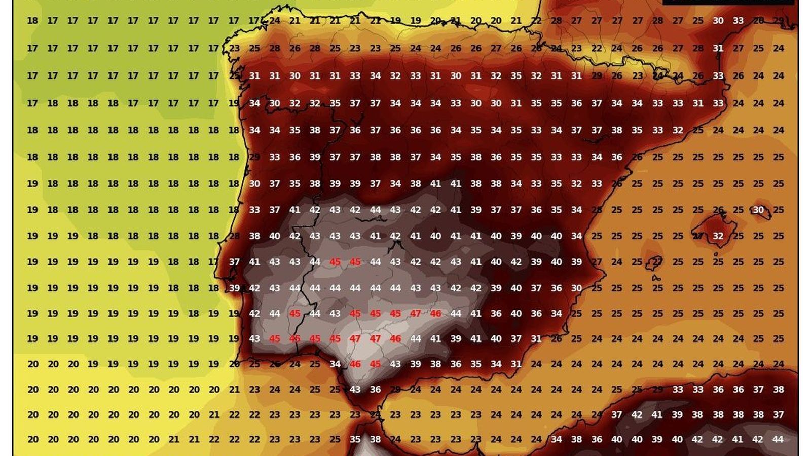 Mapa de calor previsto para el próximo domingo 11 de julio a las 18.00 horas