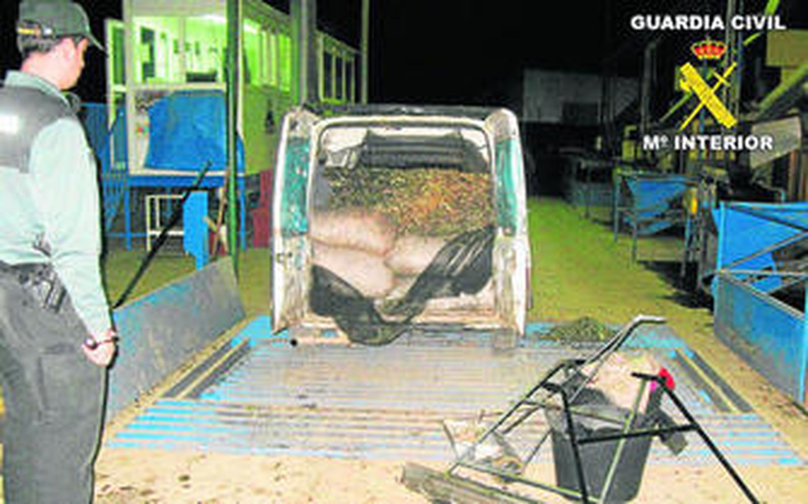 Una agente del instituto armado junto a uno de los vehículos localizado con aceituna robada.