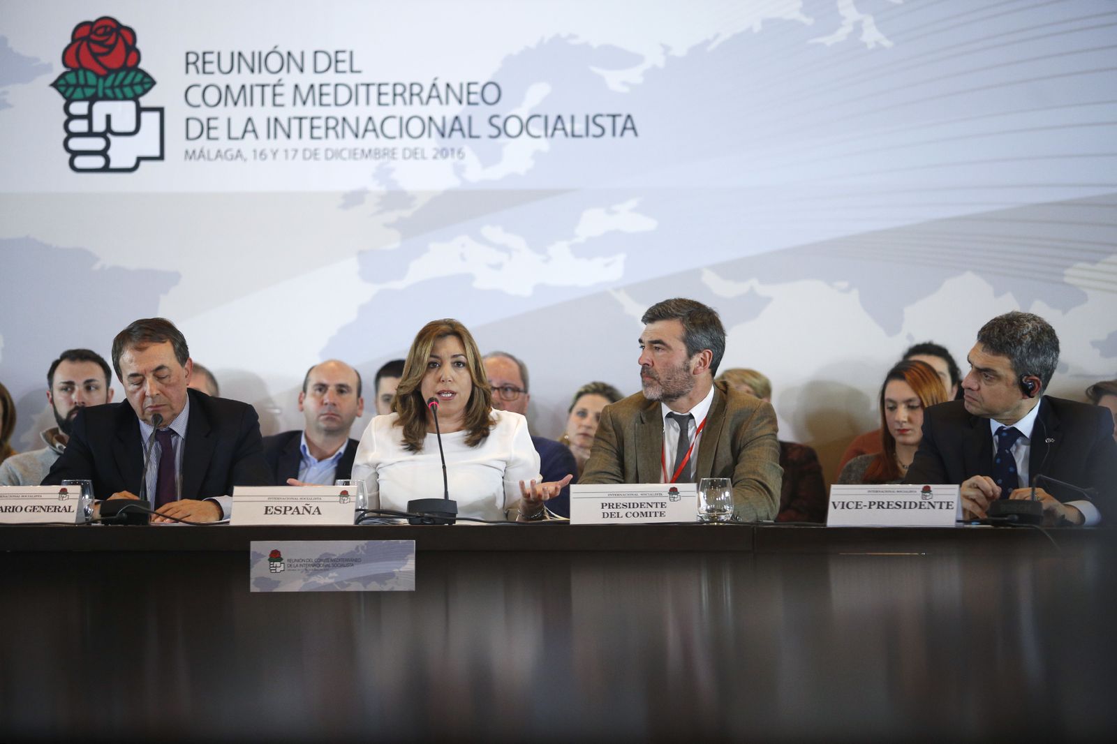 Susana Díaz  durante su intervención en el Comité Mediterráneo de la Intenacional Socialista.