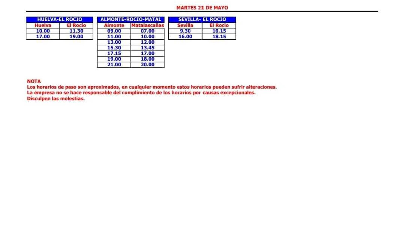 Horarios martes 21 de mayo.