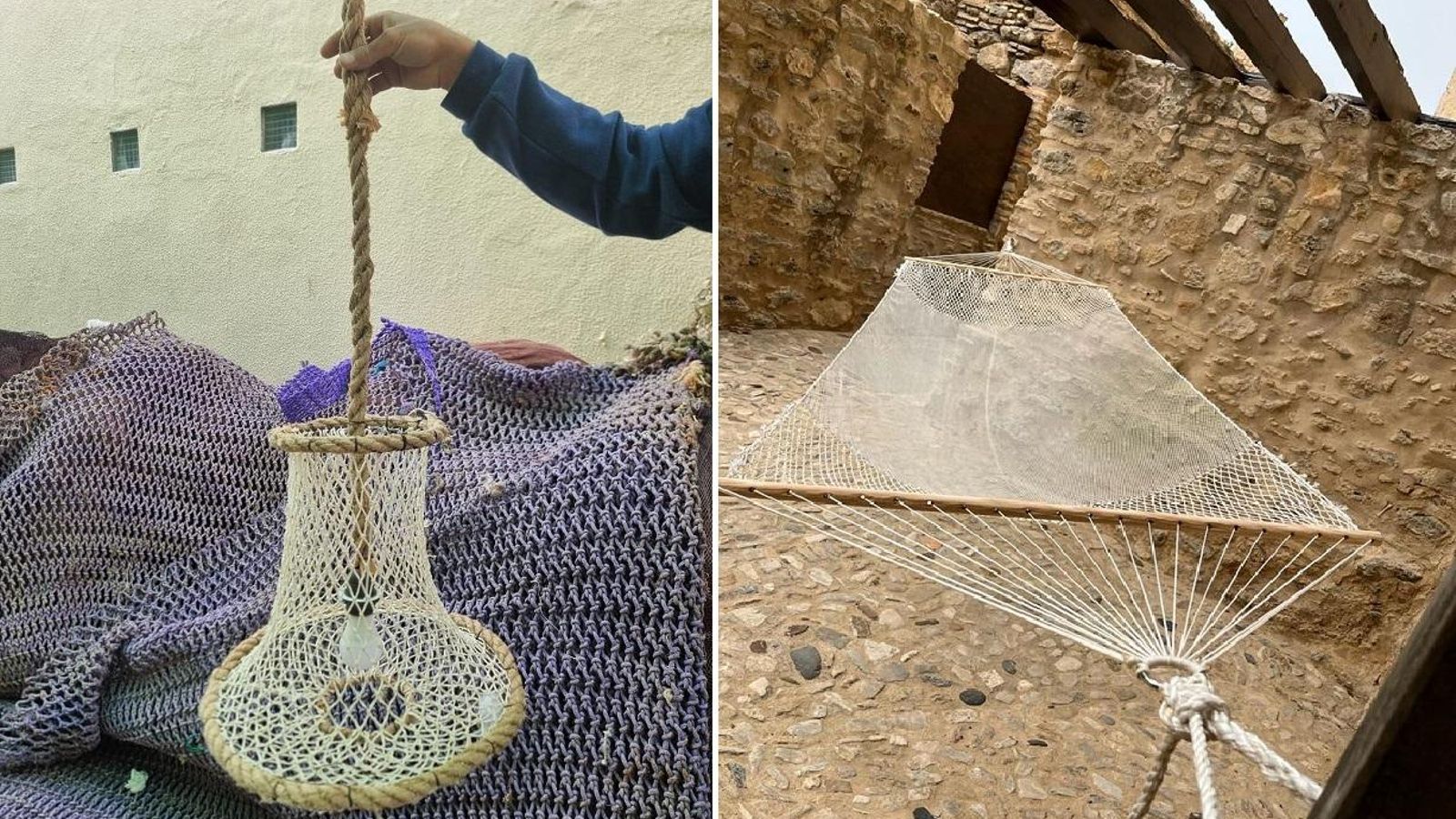 Lámpara y hamaca diseñadas por Bea Bartel con las redes renacidas del puerto de Bonanza