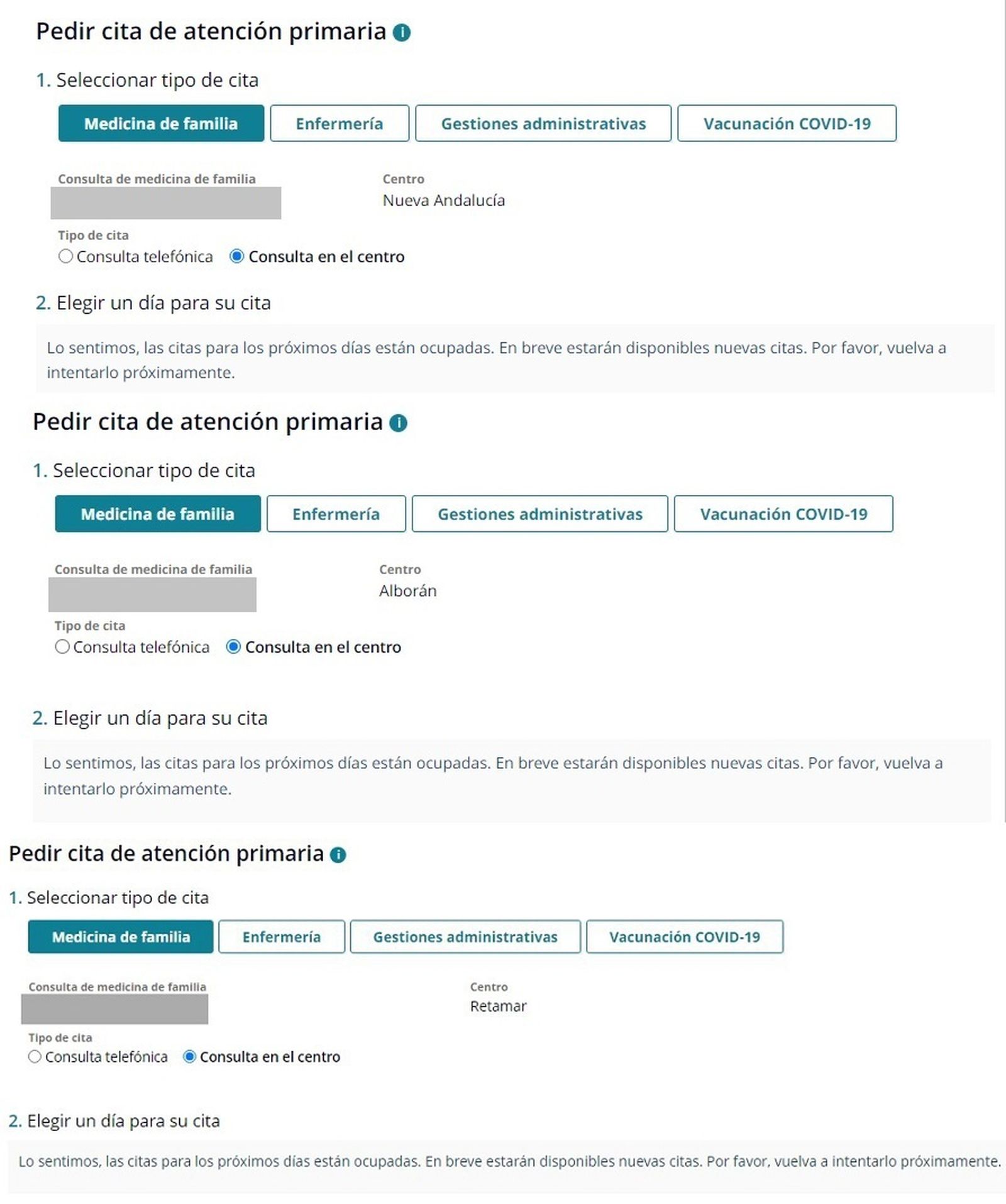 Tres centros de salud de la capital no tienen cita disponible esta semana