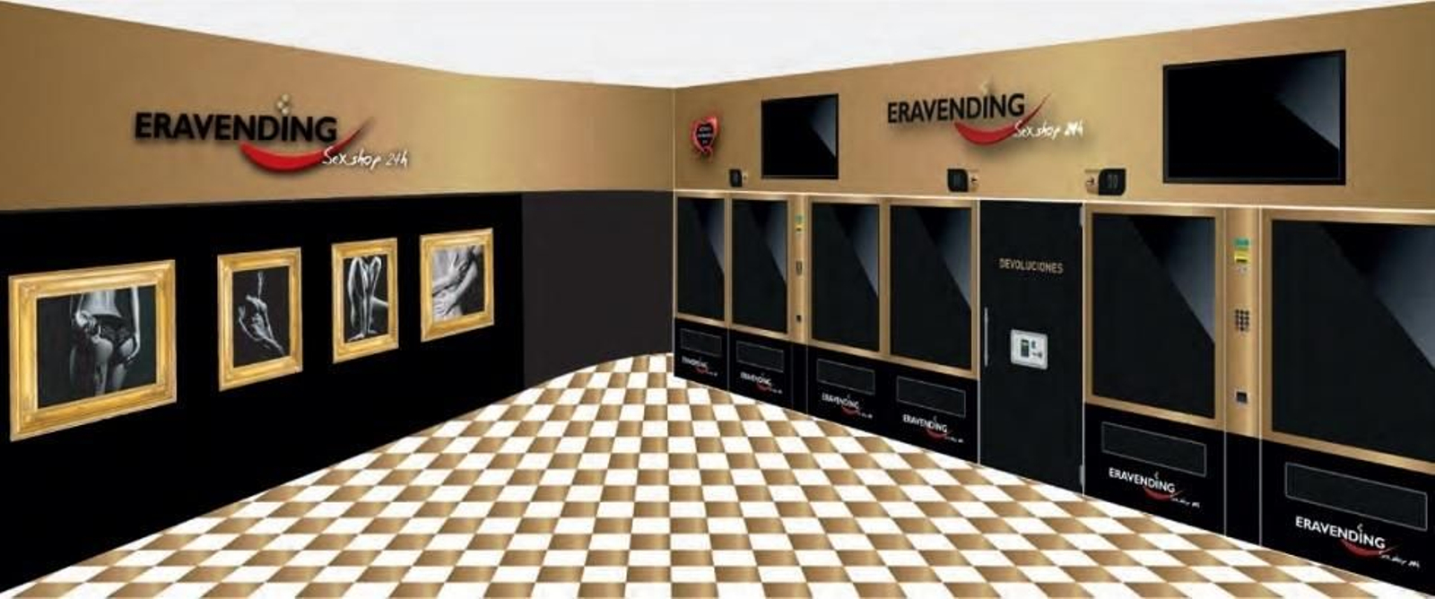 Boceto de diseño interior de tienda con 6 máquinas.