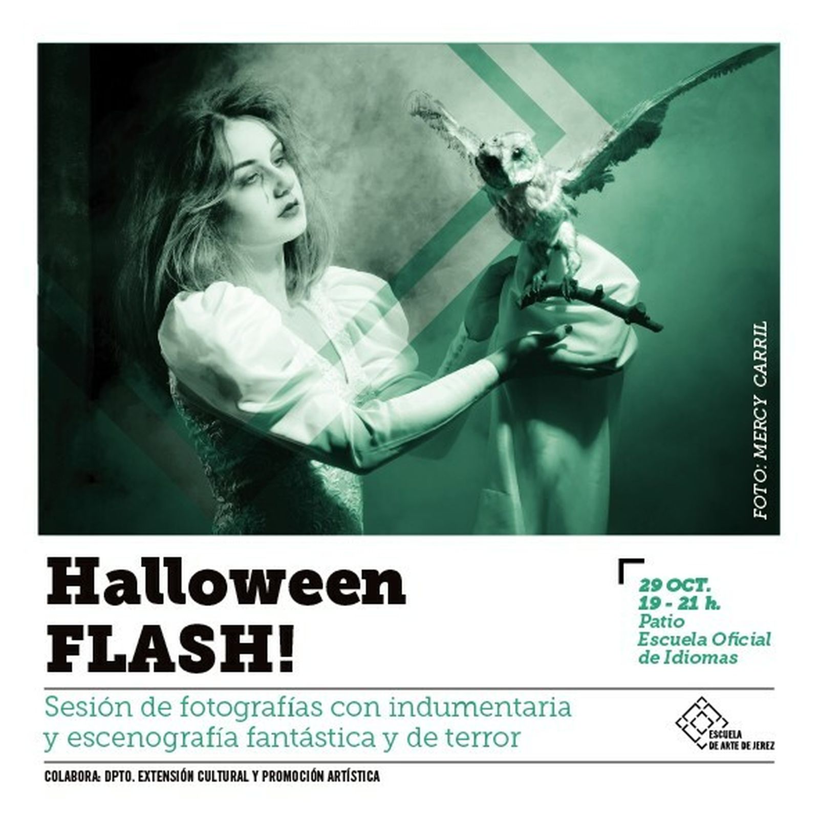 ESCUELA DE ARTE.El martes 29 de octubre de 19 a 21 horas la Escuela de Arte de Jerez organiza el evento fotográfico Halloween Flash en el patio de la Escuela de Idiomas. La actividad, que se desarrolla en el patio de la Escuela Oficial de Idiomas, consiste en una sesión de fotografía artística en vivo llevada a cabo por el alumnado de 2º curso del Ciclo de Fotografía, utilizando la técnica de iluminación de gelatinas de color y humo escénico.