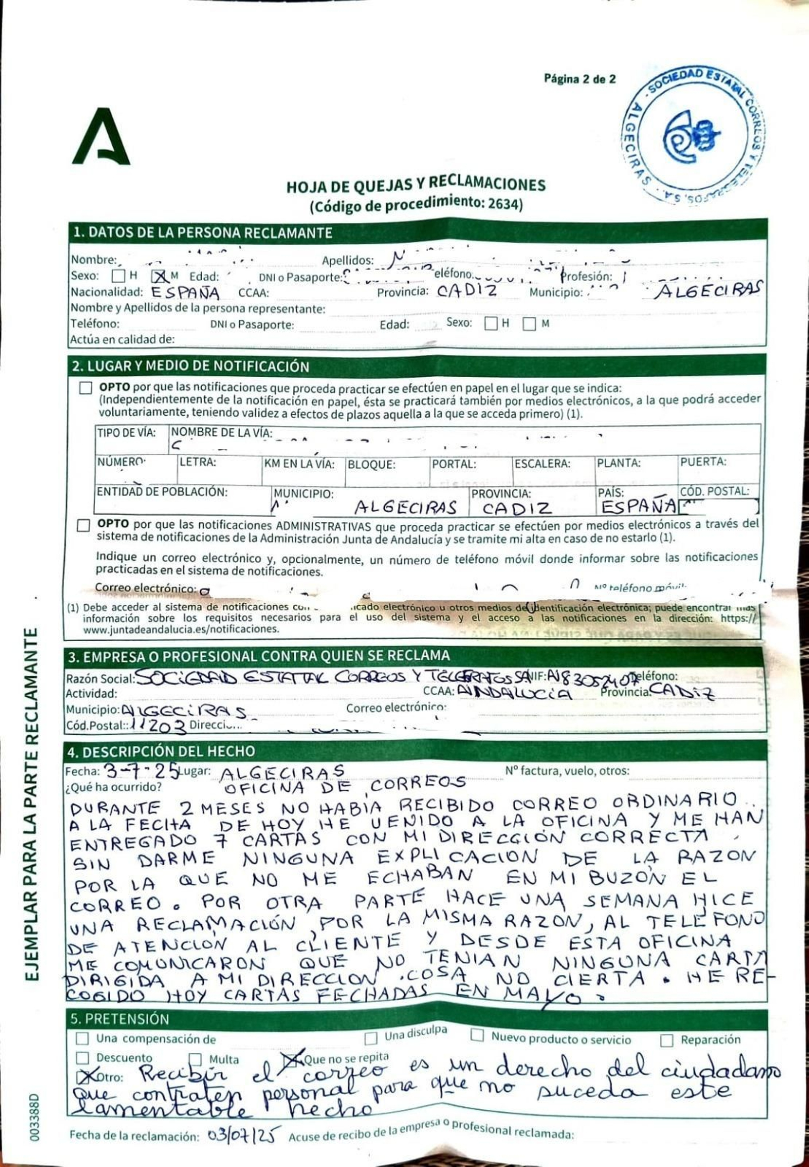 Hoja de reclamación presentada por los vecinos de San García