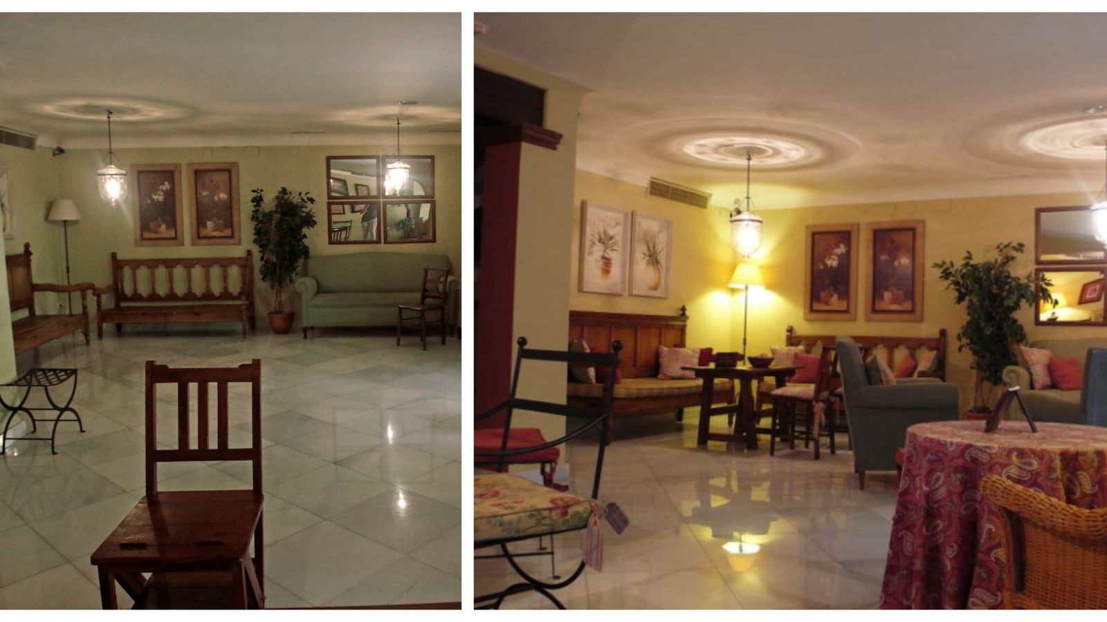 Sala de espera en García Espejo Ortodoncias ahora (izquierda) y antes (derecha)