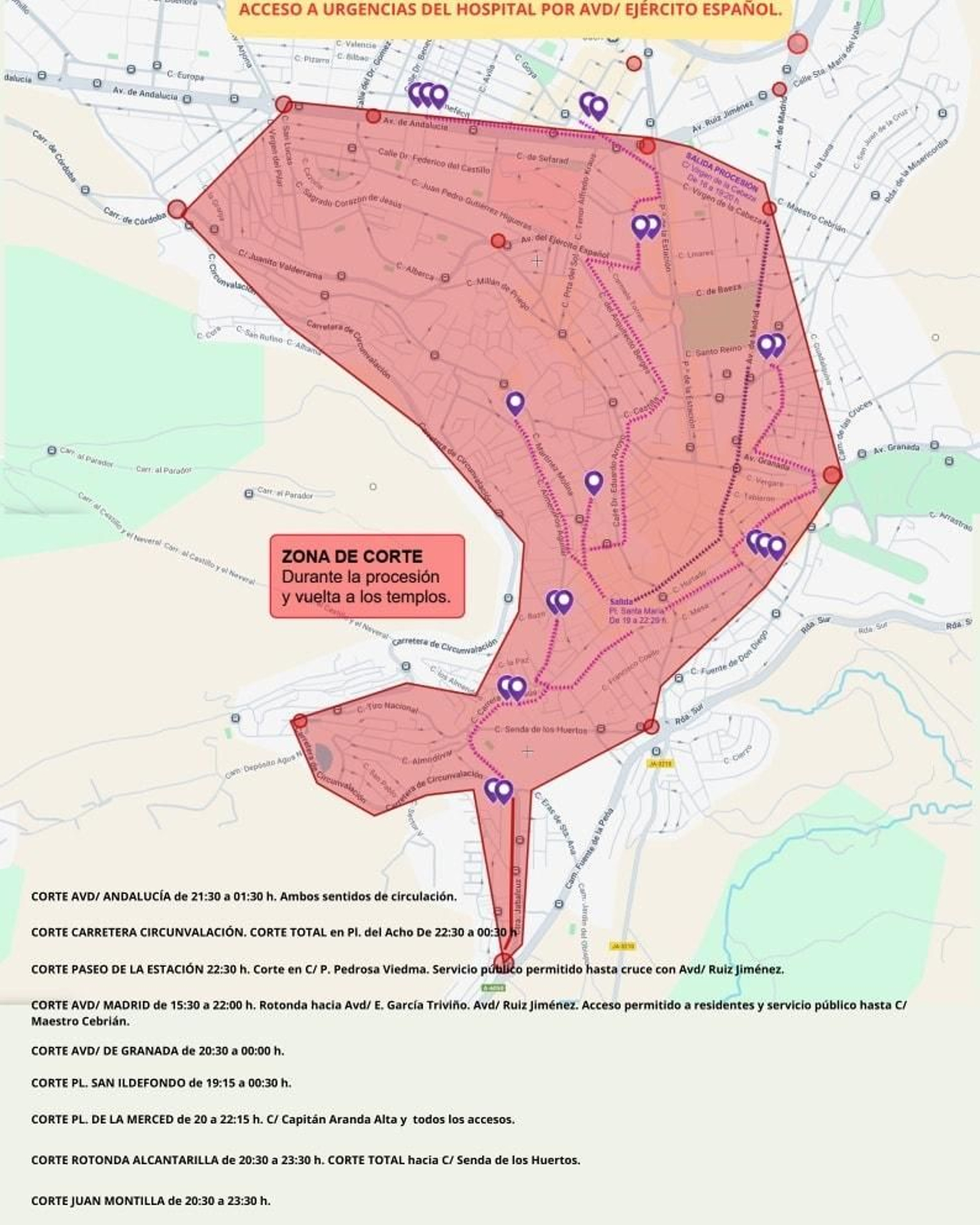 Mapa con los cortes de tráfico en la capital durante la Magna.