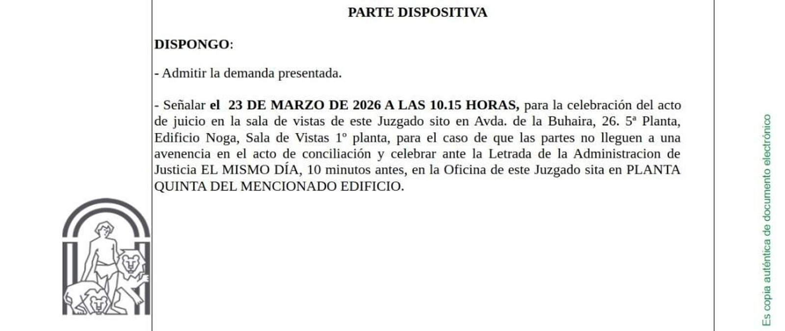 Señalamiento para finales de marzo de 2026