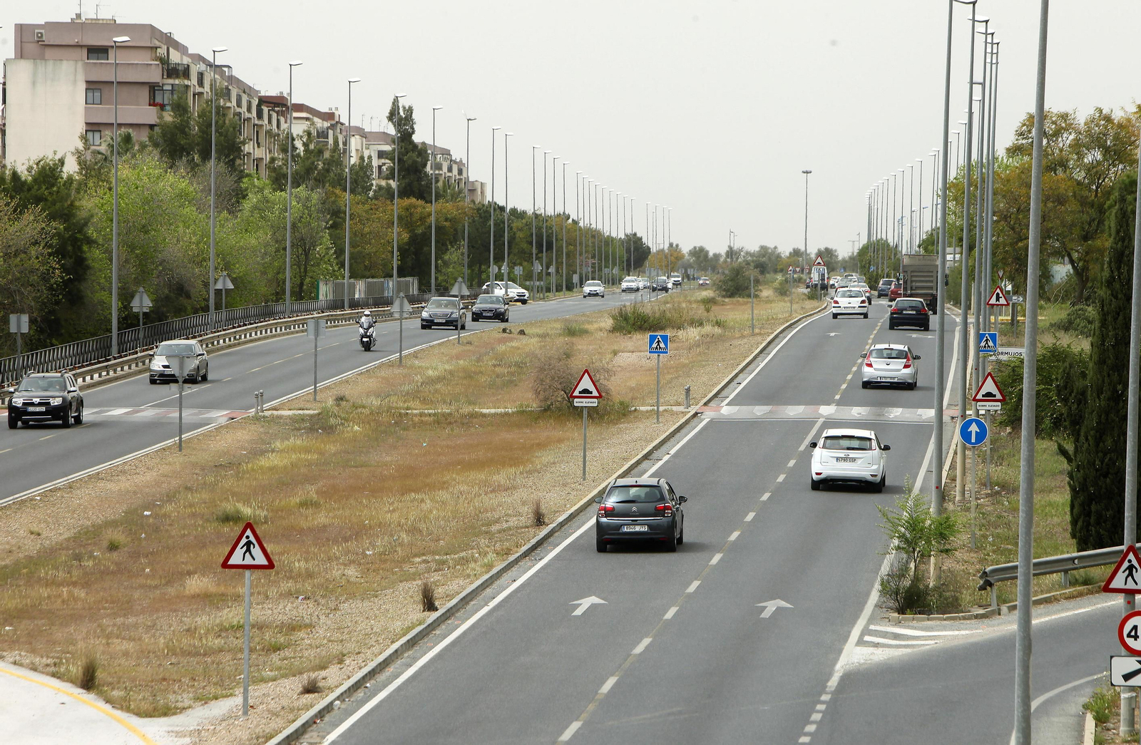 La plataforma reservada para el transporte público en la carretera A-8068, entre Mairena y Bormujos.