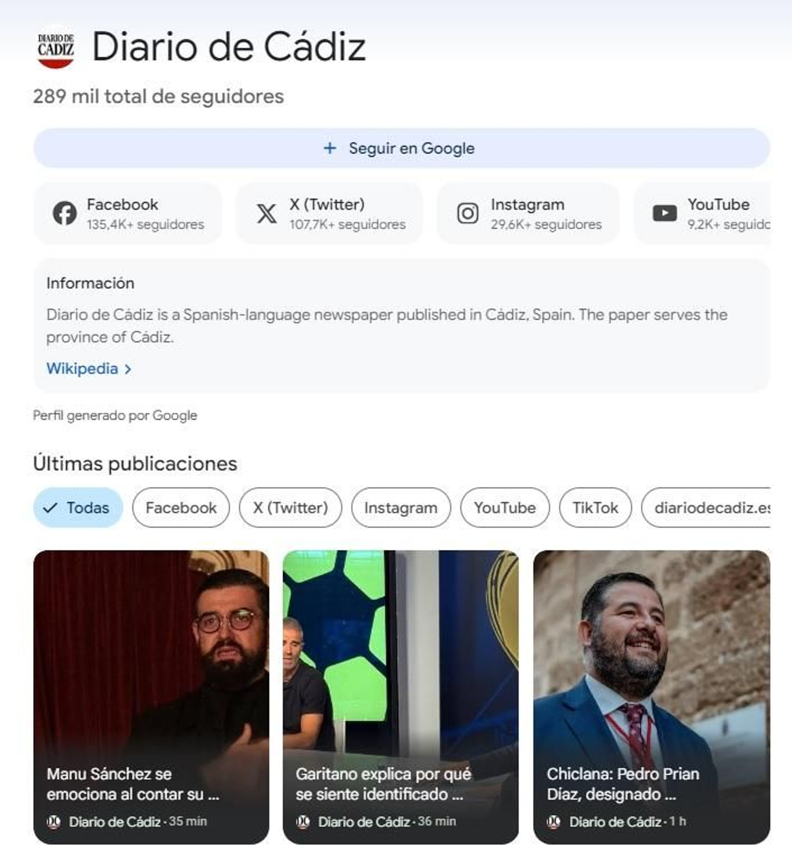 El perfil de Diario de Cádiz en Google Discover