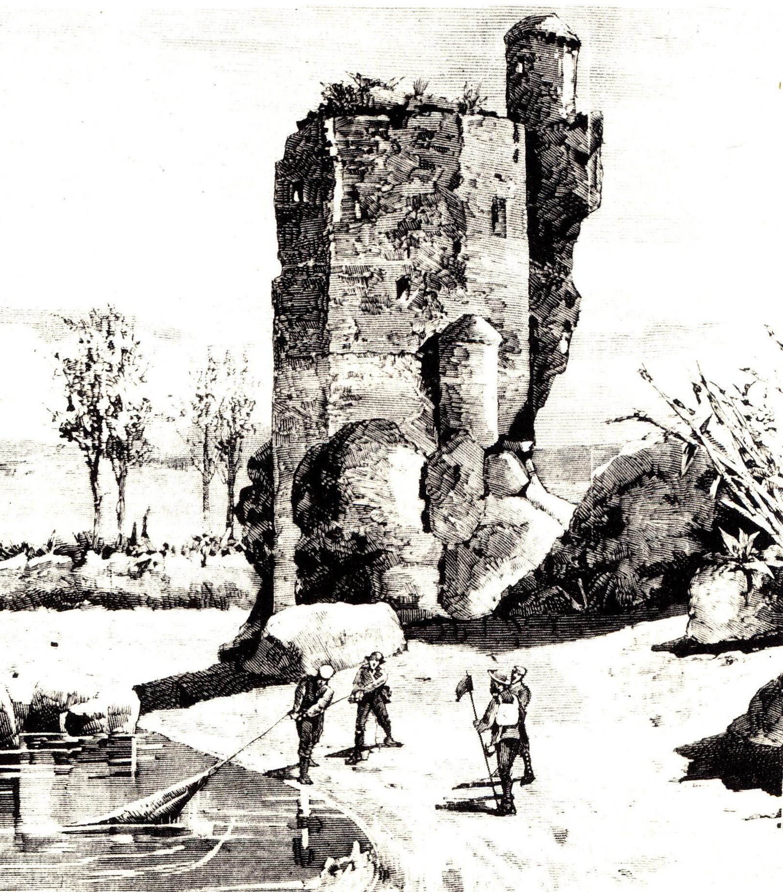 La conocida como torre del Espolón o de Don Rodrigo en el recinto meridional de la ciudad medieval (Grabado de 1883) La conocida como torre del Espolón o de Don Rodrigo en el recinto meridional de la ciudad medieval (Grabado de 1883)