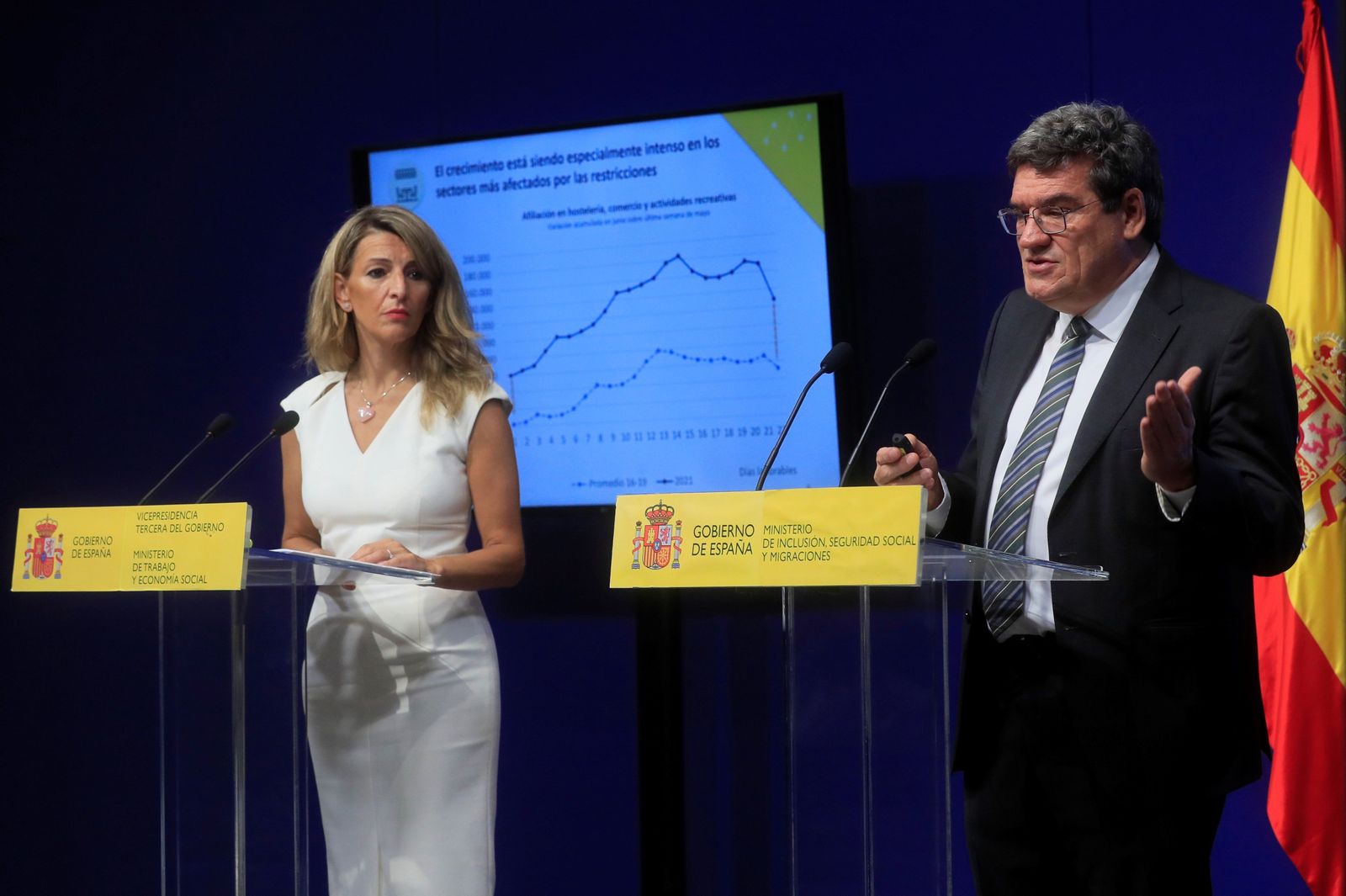 Yolanda Díaz y José Luis Escrivá, en rueda de prensa para comunicar los datos de paro