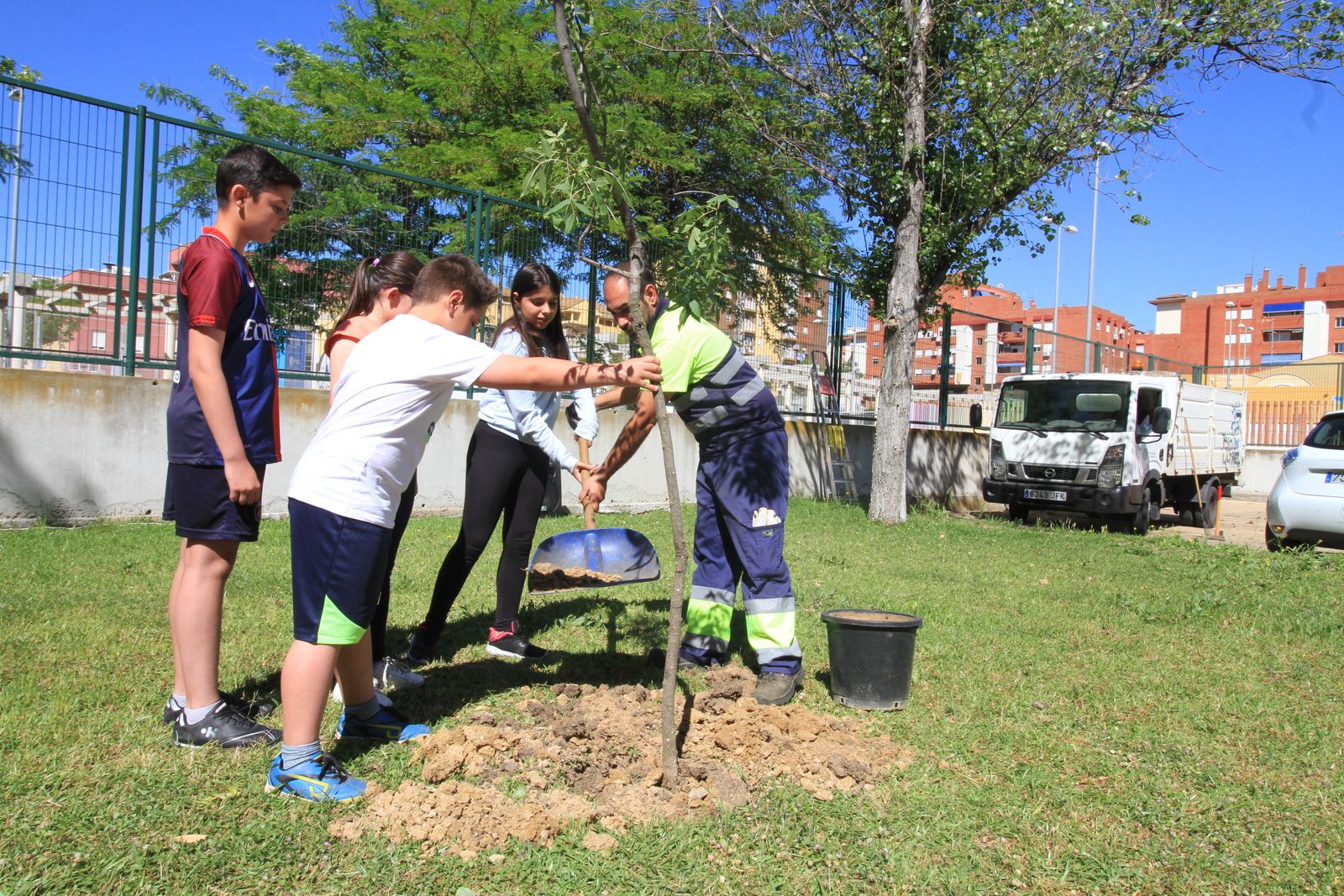 Imágenes de la plantación de árboles llevada a cabo en el colegio Los Rosales, con motivo del incendio del año pasado