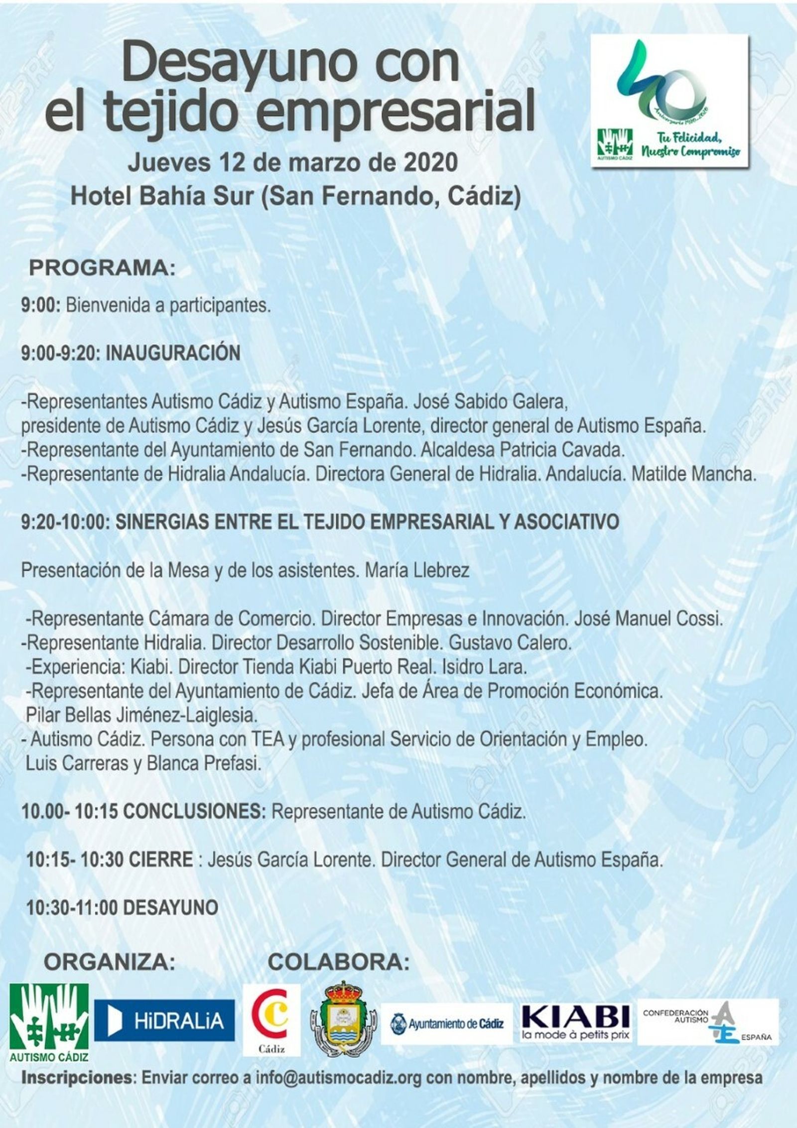 Cartel que anuncia el desayuno con el tejido empresarial organizado por Autismo Cádiz e Hidralia.